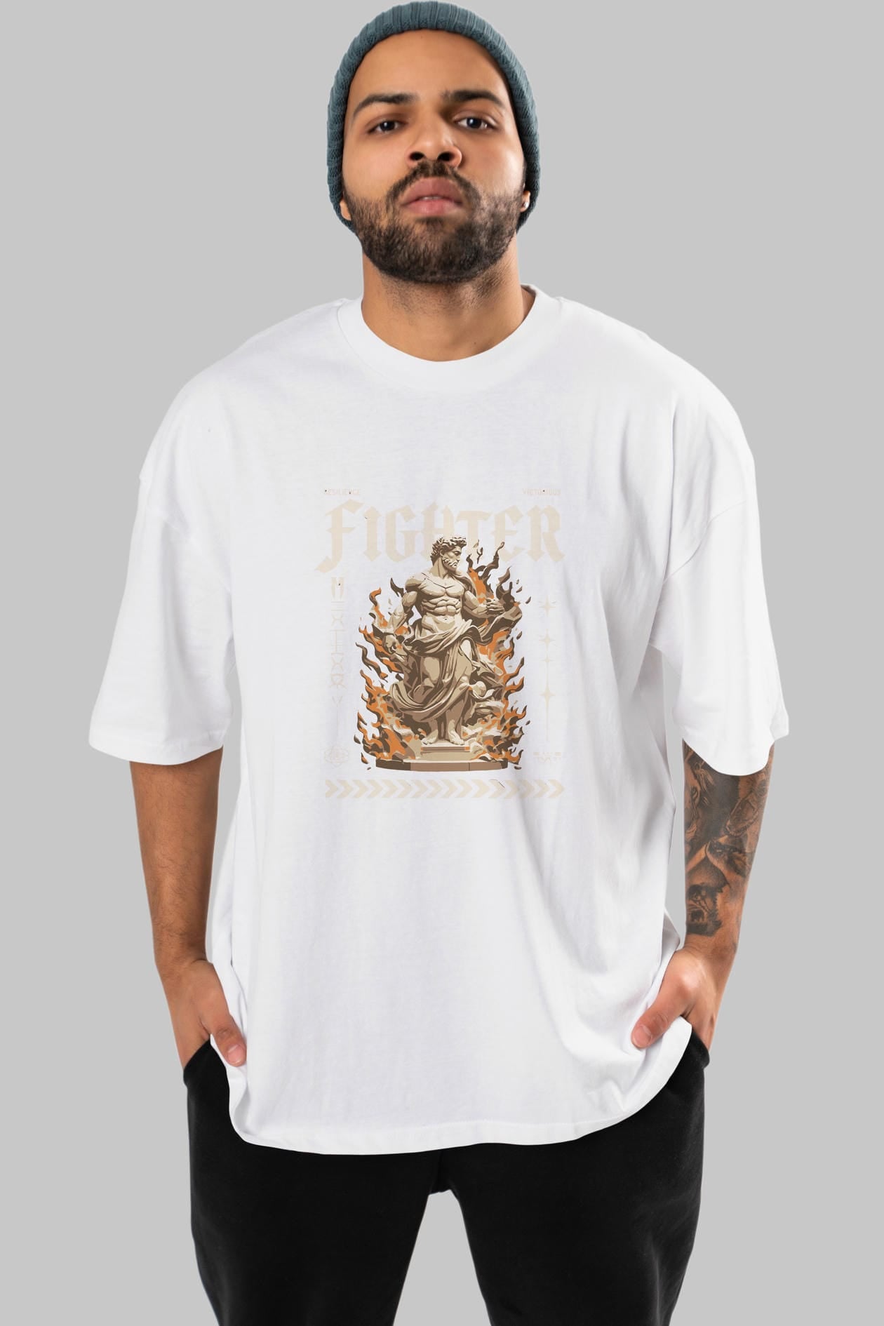 Fighter ön Baskılı Oversize t-shirt Erkek Kadın %100 Pamuk Bisiklet Yaka tişort