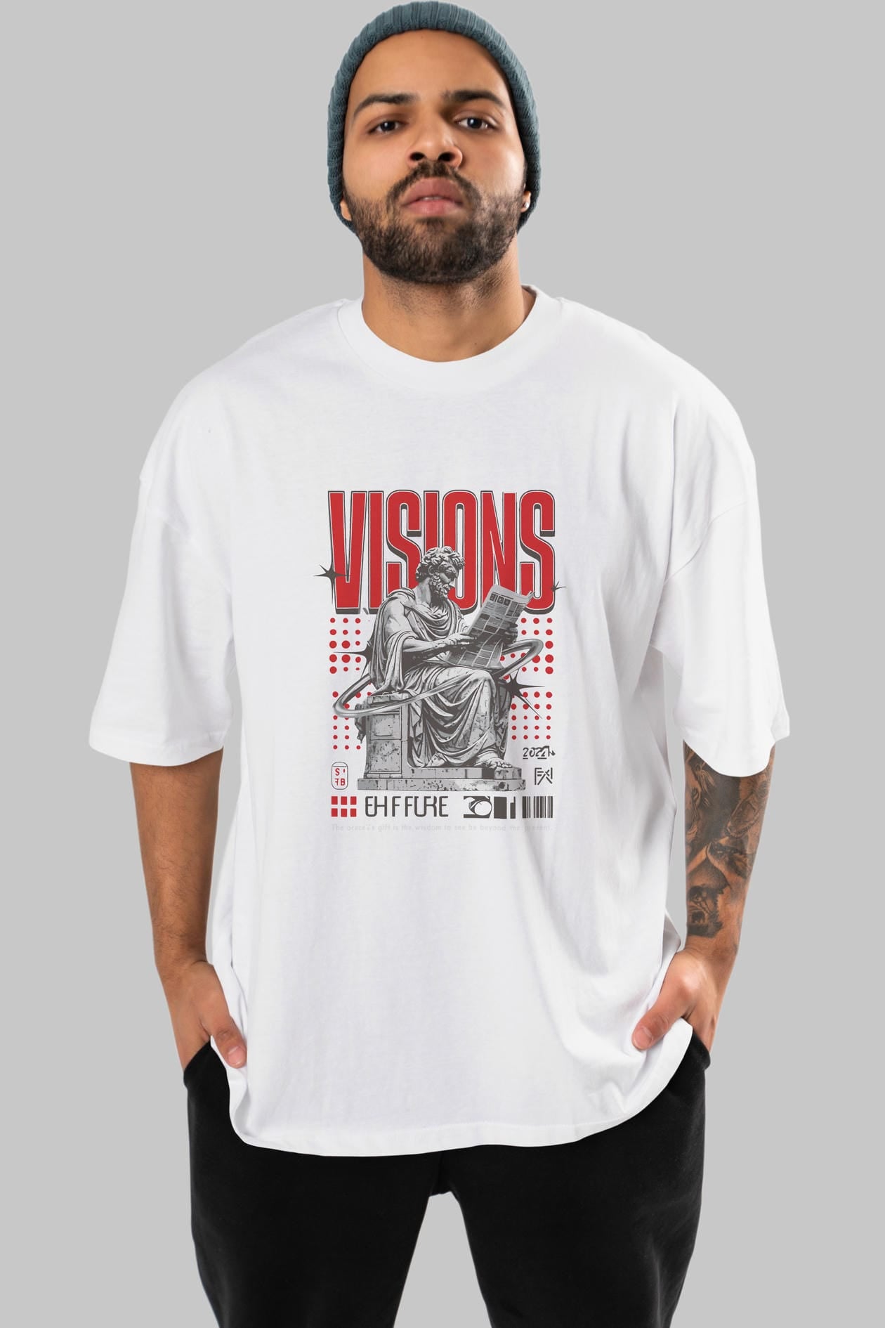 Visions ön Baskılı Oversize t-shirt Erkek Kadın %100 Pamuk Bisiklet Yaka tişort