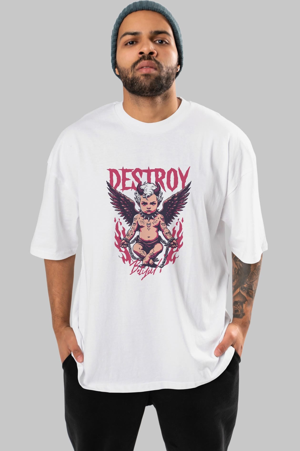 Destroy ön Baskılı Oversize t-shirt Erkek Kadın %100 Pamuk Bisiklet Yaka tişort