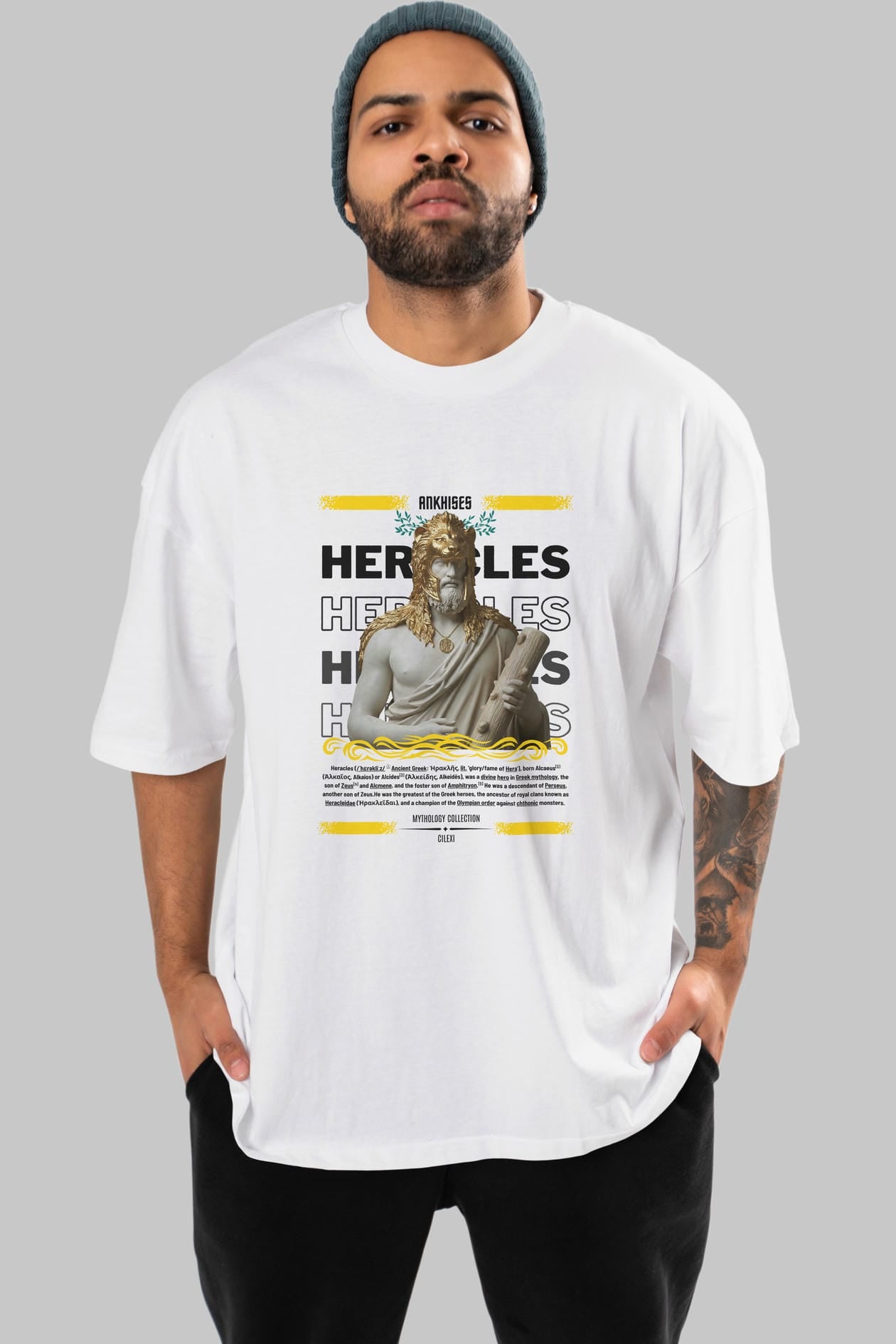 Heracles 1 ön Baskılı Oversize t-shirt Erkek Kadın %100 Pamuk Bisiklet Yaka tişort