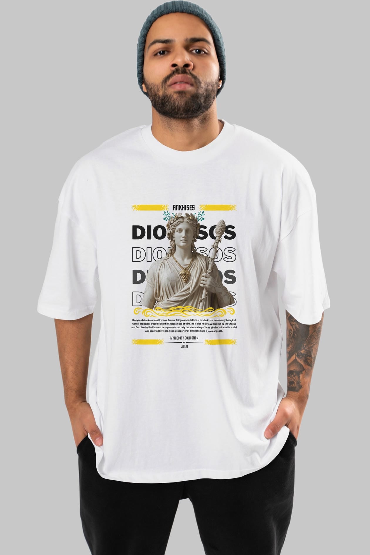 Dionysos 1 ön Baskılı Oversize t-shirt Erkek Kadın %100 Pamuk Bisiklet Yaka tişort