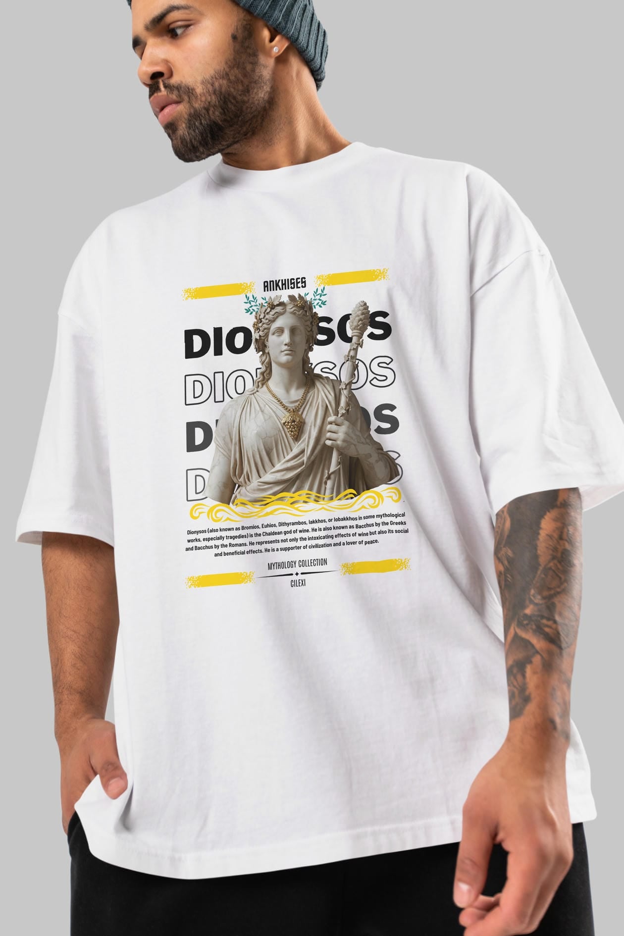 Dionysos 1 ön Baskılı Oversize t-shirt Erkek Kadın %100 Pamuk Bisiklet Yaka tişort
