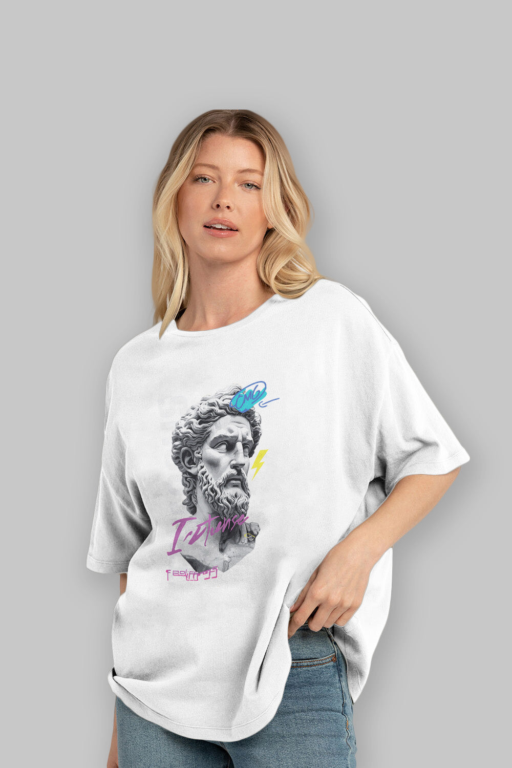 Zeus Intense ön Baskılı Oversize t-shirt Erkek Kadın %100 Pamuk Bisiklet Yaka tişort