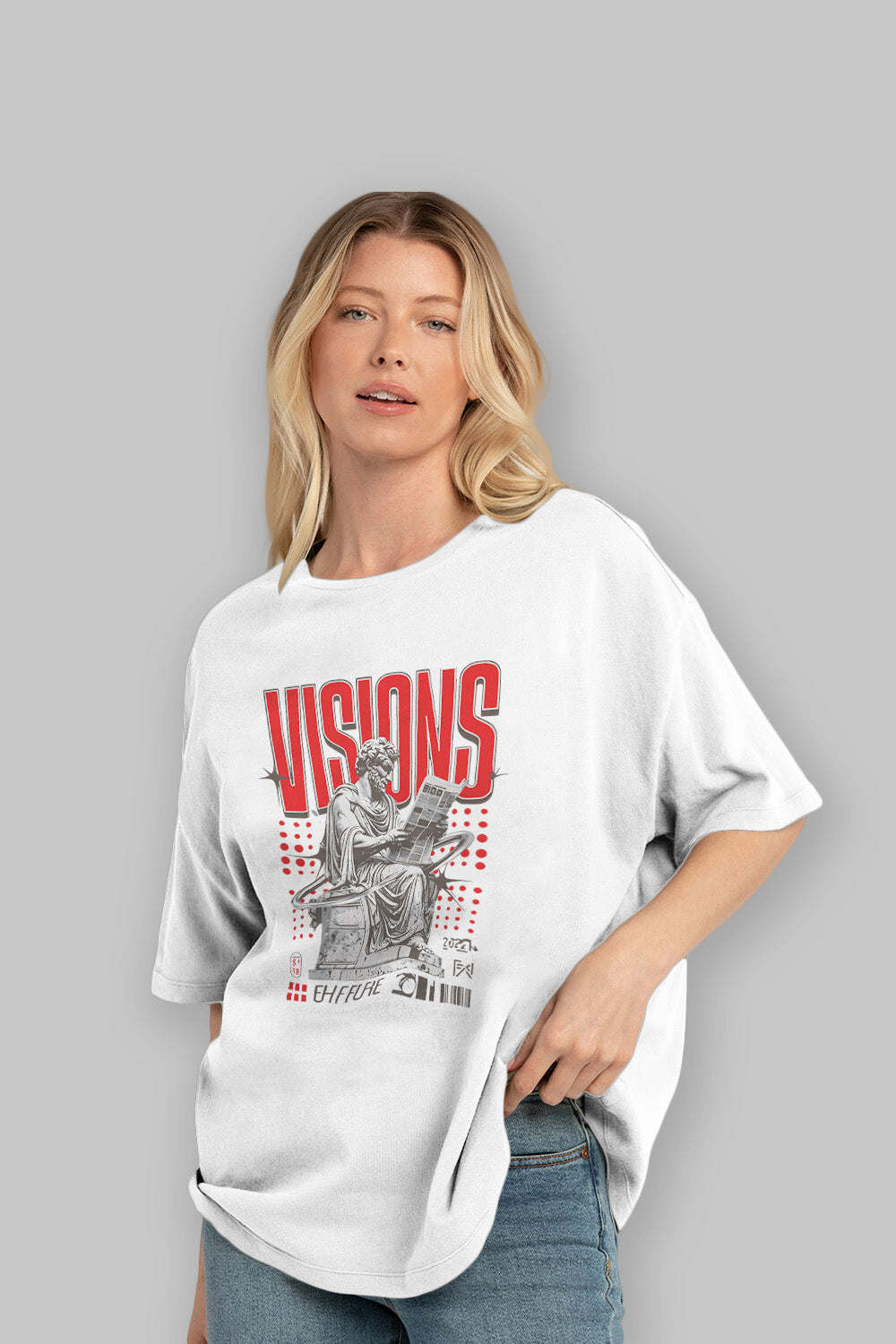 Visions ön Baskılı Oversize t-shirt Erkek Kadın %100 Pamuk Bisiklet Yaka tişort