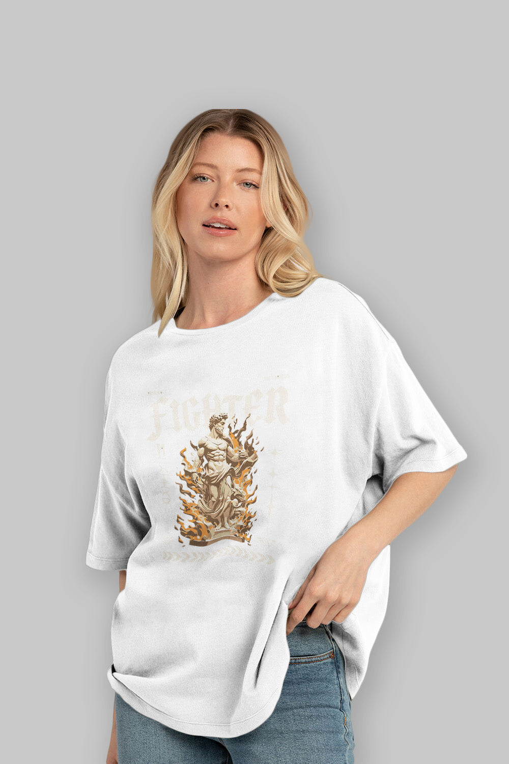 Fighter ön Baskılı Oversize t-shirt Erkek Kadın %100 Pamuk Bisiklet Yaka tişort