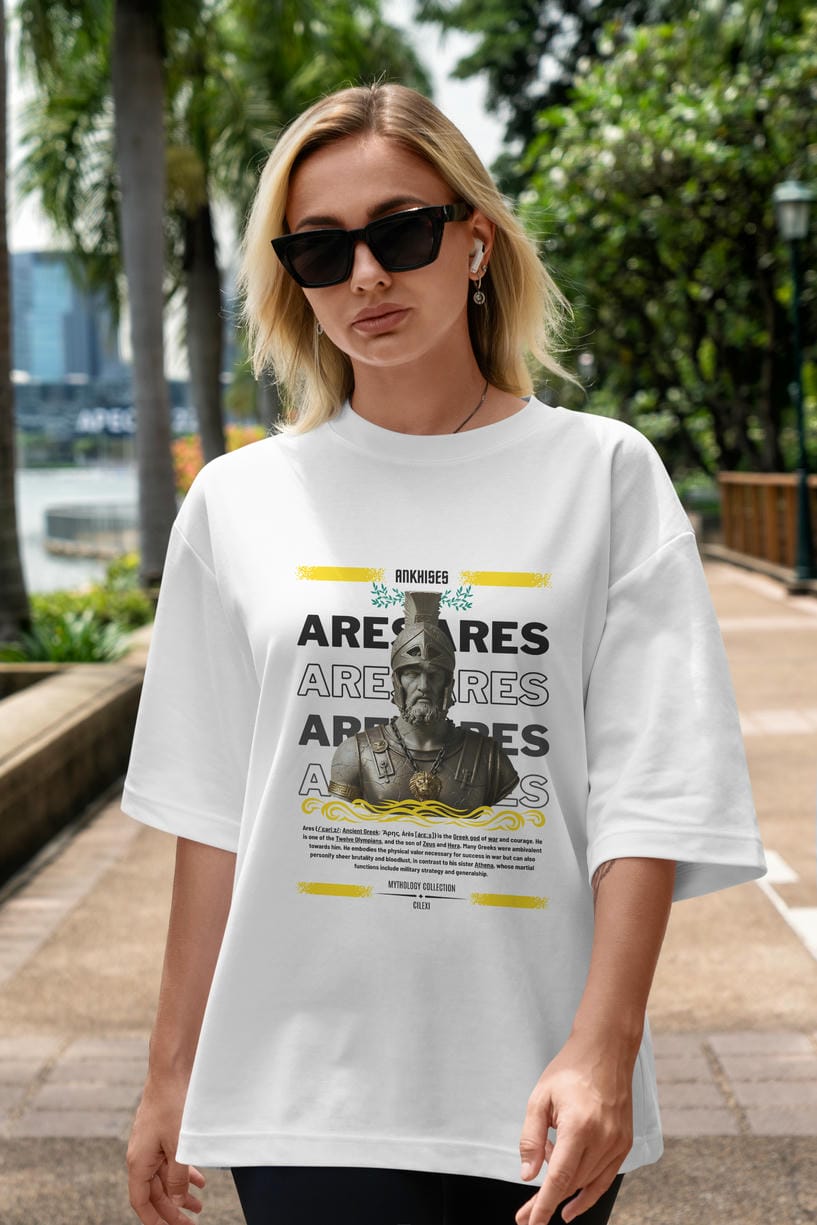 Ares 1 ön Baskılı Oversize t-shirt Erkek Kadın %100 Pamuk Bisiklet Yaka tişort