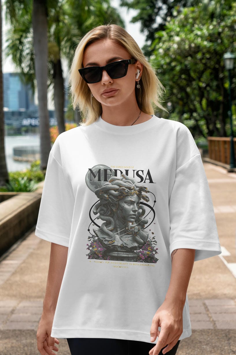 Medusa ön Baskılı Oversize t-shirt Erkek Kadın %100 Pamuk Bisiklet Yaka tişort