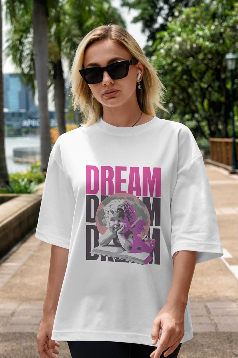 Dream Angel ön Baskılı Oversize t-shirt Erkek Kadın %100 Pamuk Bisiklet Yaka tişort