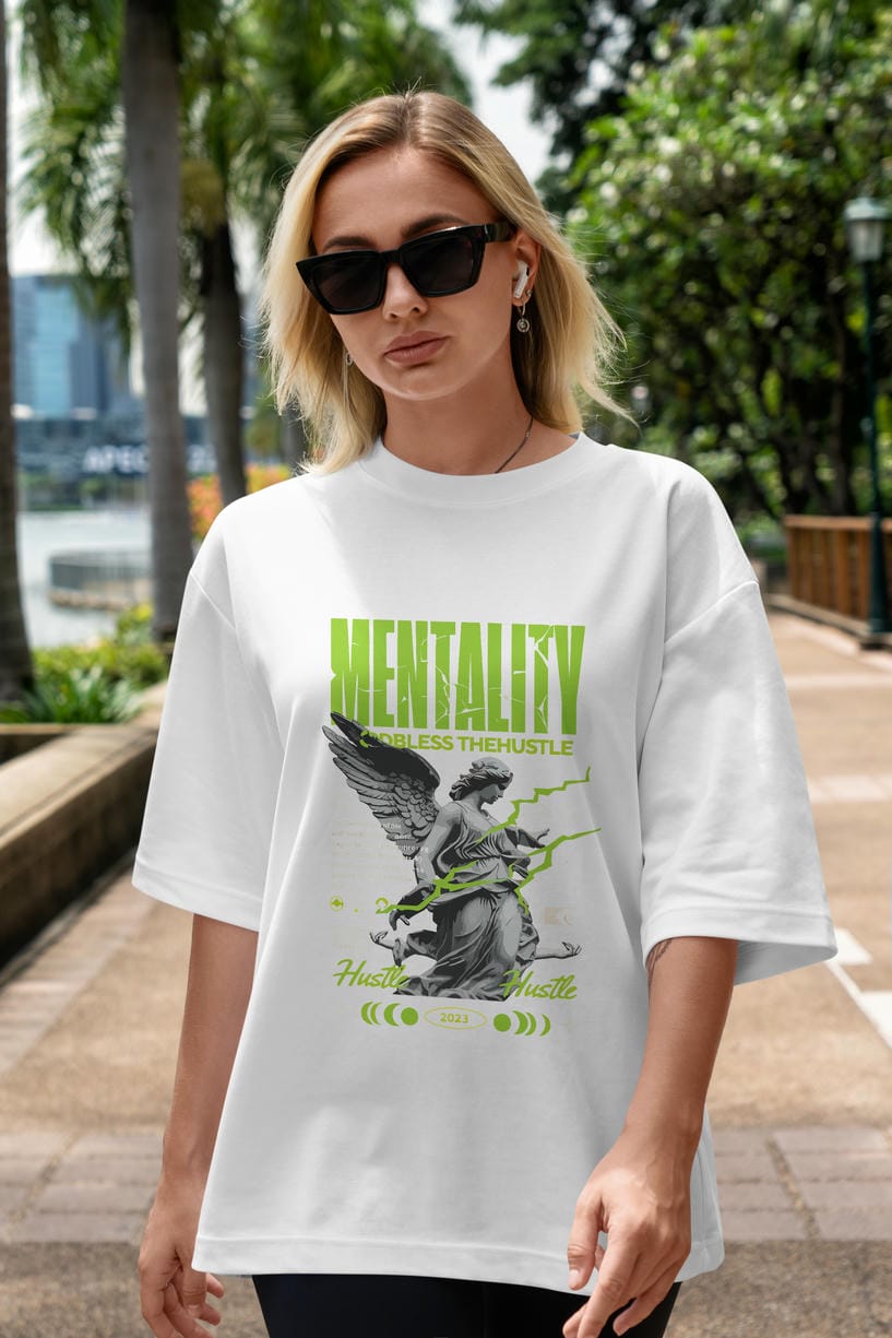 Mentality ön Baskılı Oversize t-shirt Erkek Kadın %100 Pamuk Bisiklet Yaka tişort