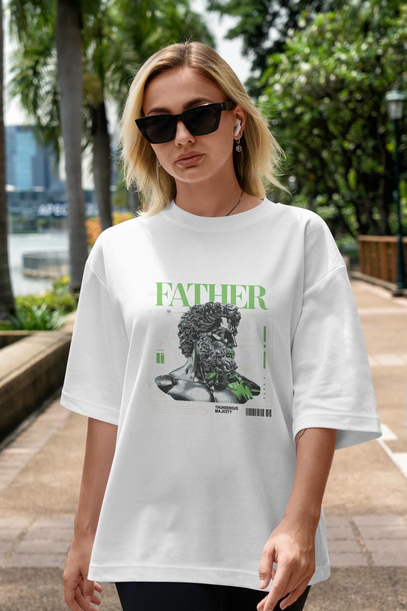 Father Zeus ön Baskılı Oversize t-shirt Erkek Kadın %100 Pamuk Bisiklet Yaka tişort