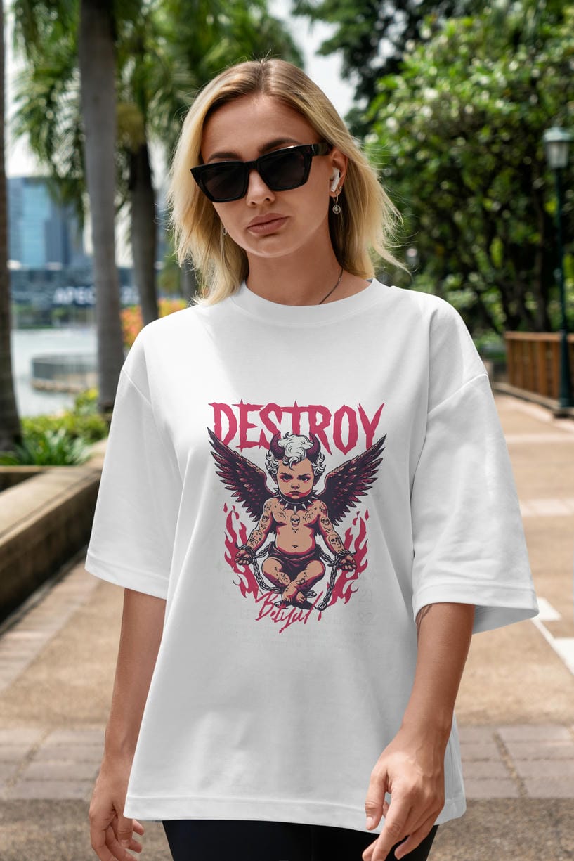 Destroy ön Baskılı Oversize t-shirt Erkek Kadın %100 Pamuk Bisiklet Yaka tişort