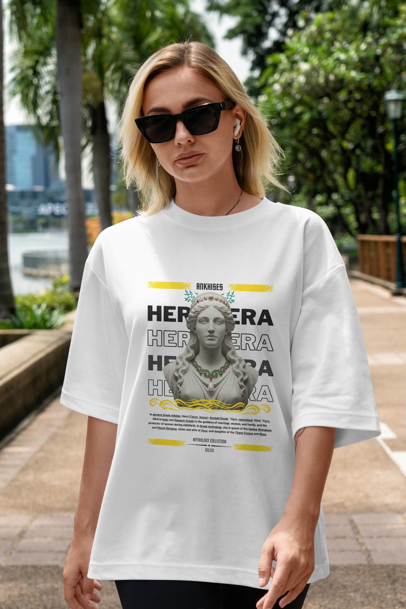Hera 1 ön Baskılı Oversize t-shirt Erkek Kadın %100 Pamuk Bisiklet Yaka tişort