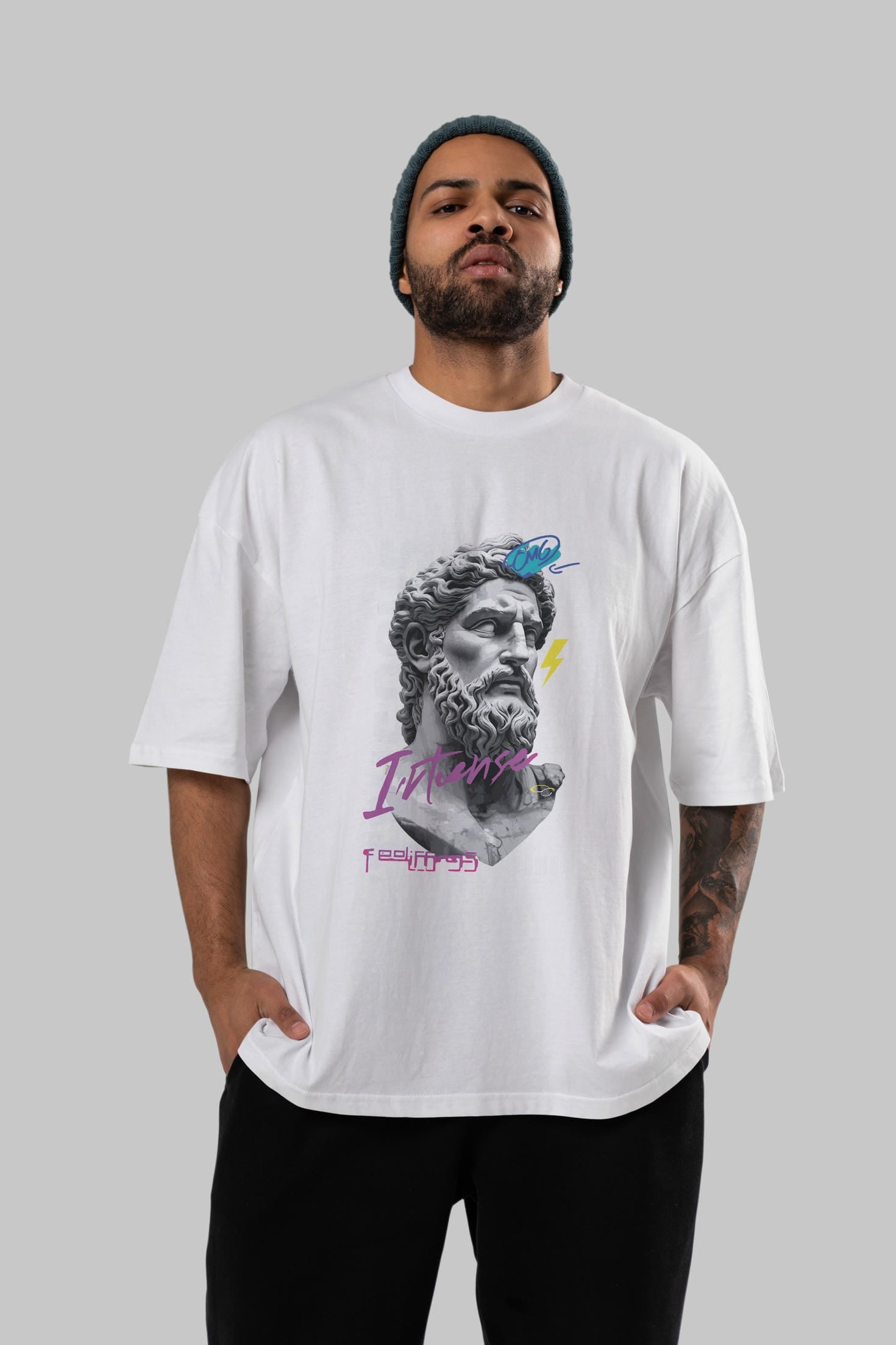 Zeus Intense ön Baskılı Oversize t-shirt Erkek Kadın %100 Pamuk Bisiklet Yaka tişort