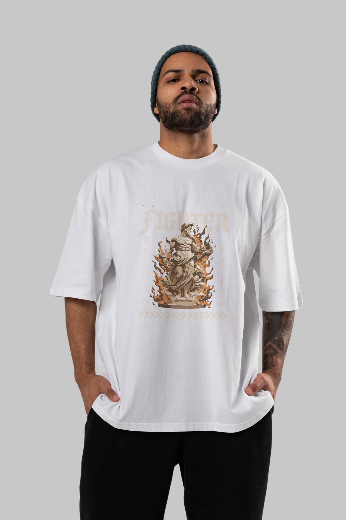 Fighter ön Baskılı Oversize t-shirt Erkek Kadın %100 Pamuk Bisiklet Yaka tişort