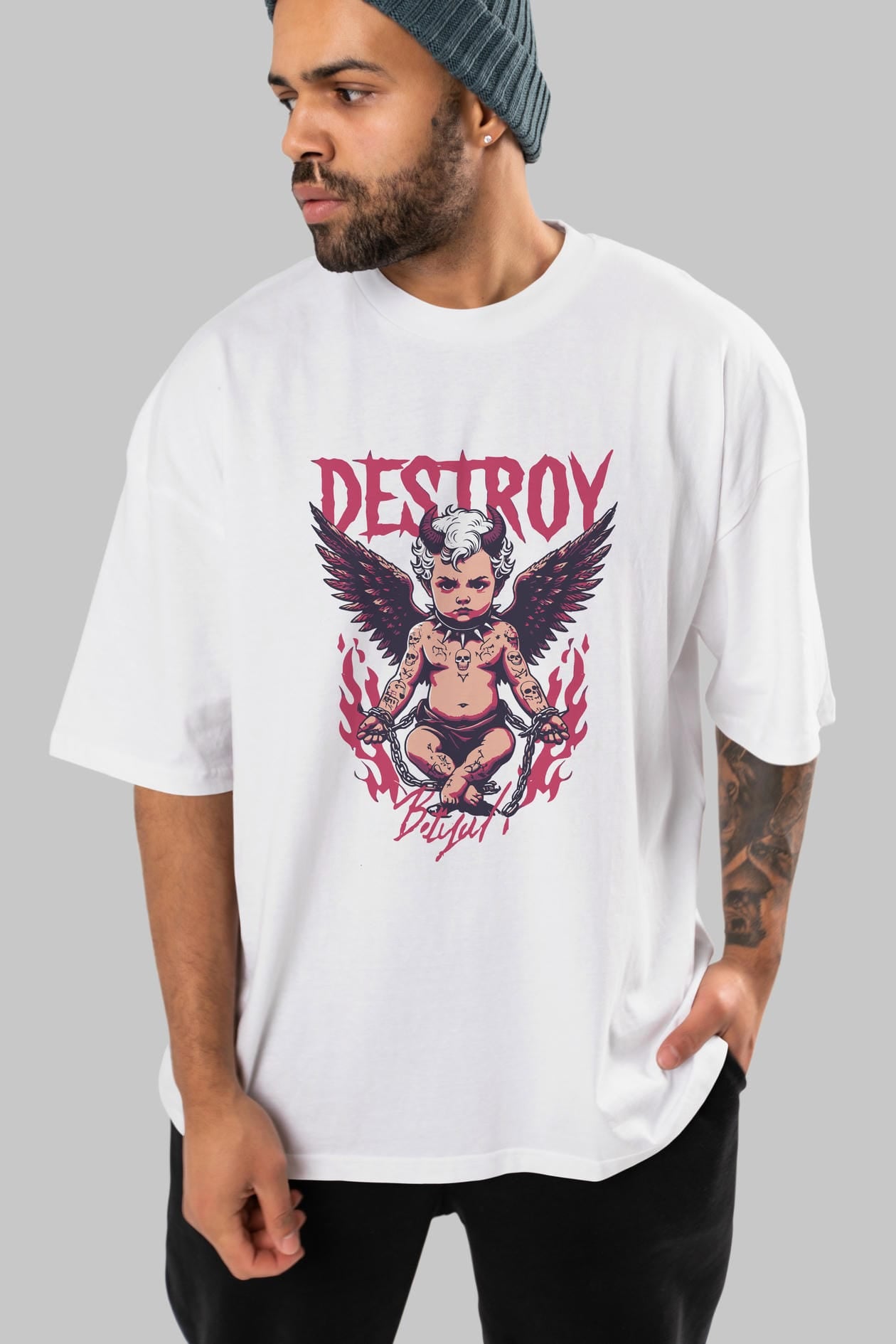 Destroy ön Baskılı Oversize t-shirt Erkek Kadın %100 Pamuk Bisiklet Yaka tişort