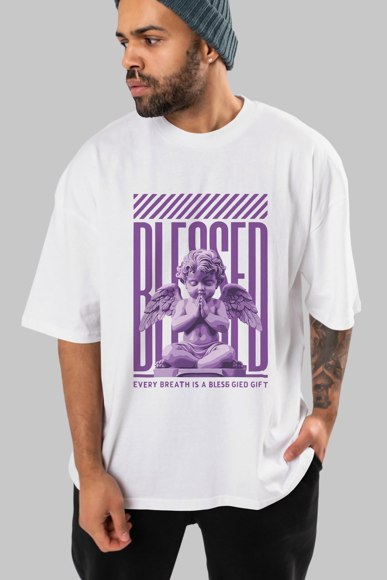 Blessed ön Baskılı Oversize t-shirt Erkek Kadın %100 Pamuk Bisiklet Yaka tişort
