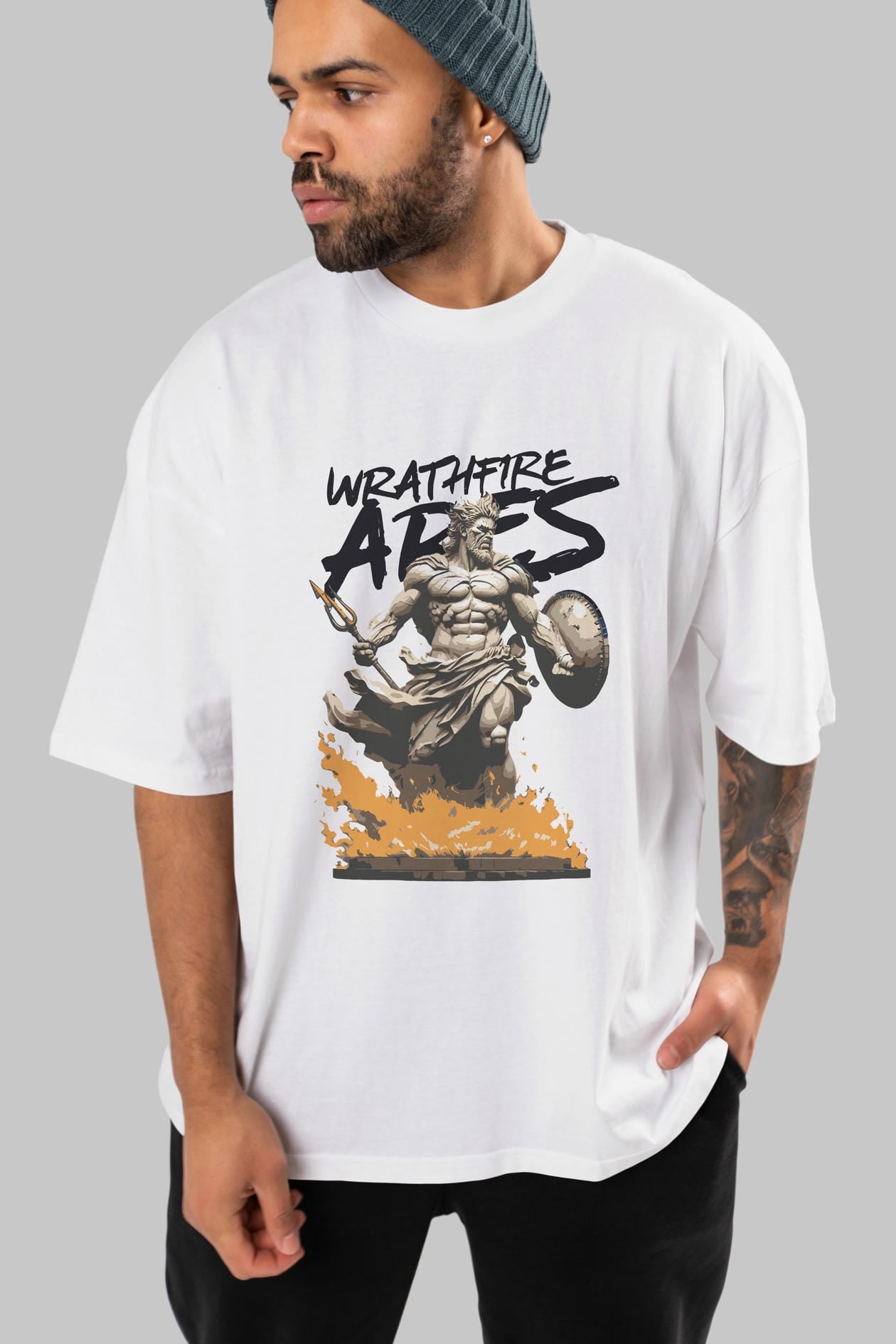 WrathFire Ares ön Baskılı Oversize t-shirt Erkek Kadın %100 Pamuk Bisiklet Yaka tişort