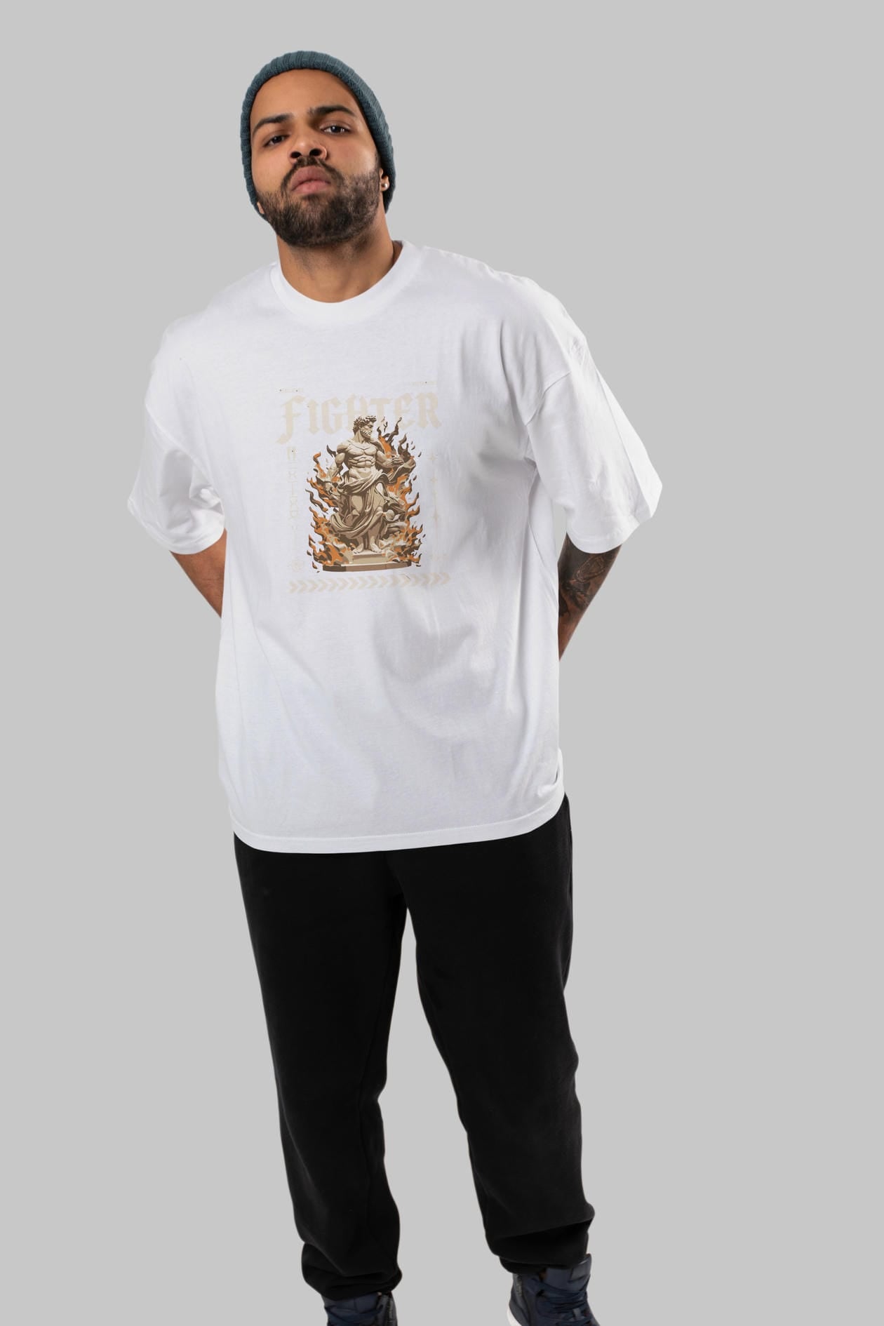 Fighter ön Baskılı Oversize t-shirt Erkek Kadın %100 Pamuk Bisiklet Yaka tişort