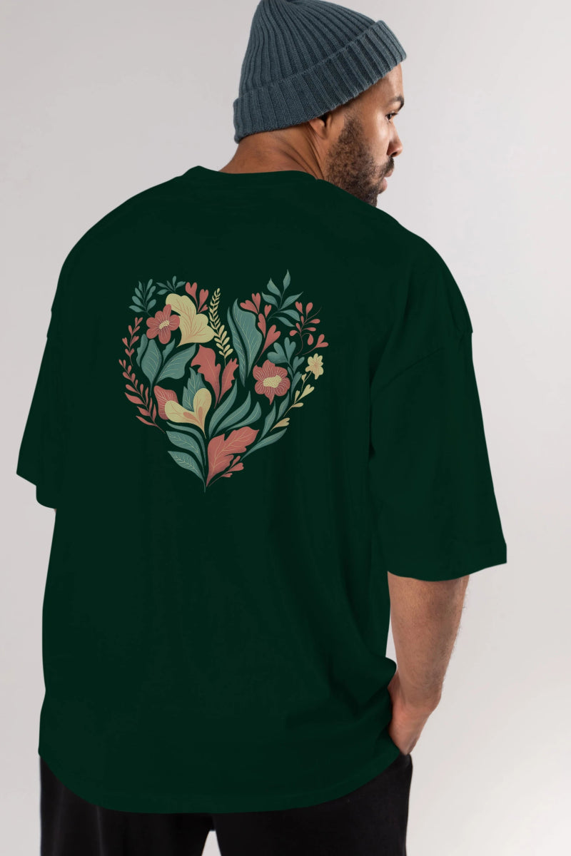 Çiçek Kalp Arka Baskılı Oversize t-shirt Erkek Kadın Unisex - Cilexi