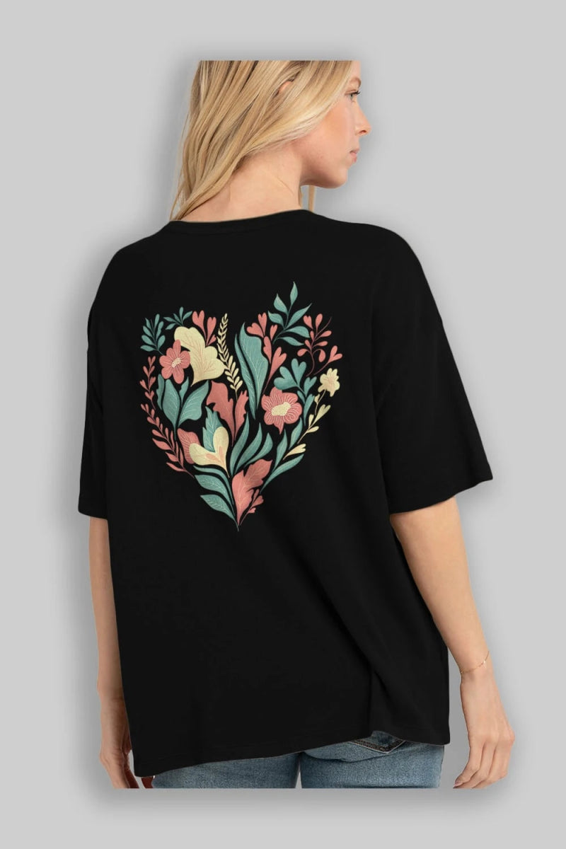 Çiçek Kalp Arka Baskılı Oversize t-shirt Erkek Kadın Unisex - Cilexi