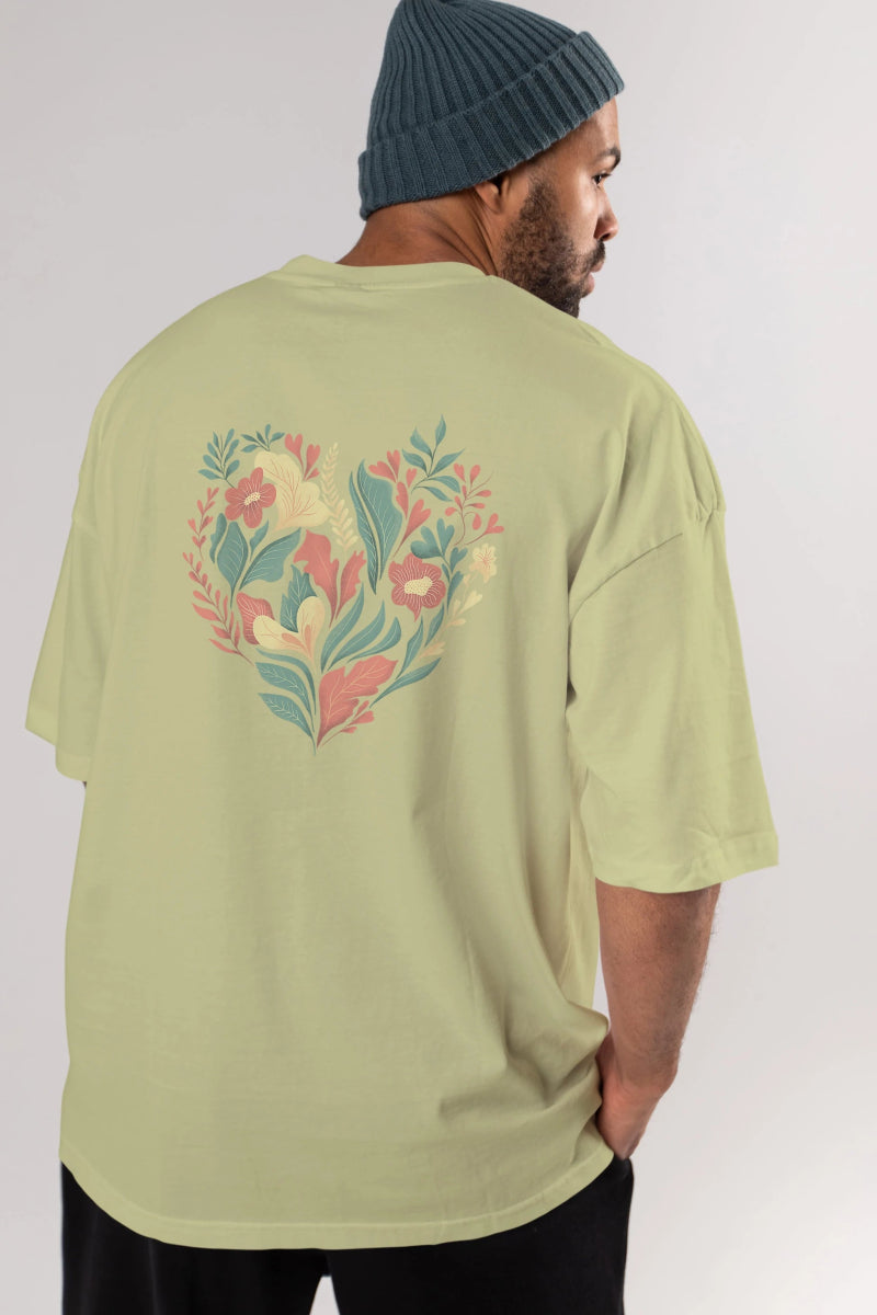Çiçek Kalp Arka Baskılı Oversize t-shirt Erkek Kadın Unisex - Cilexi
