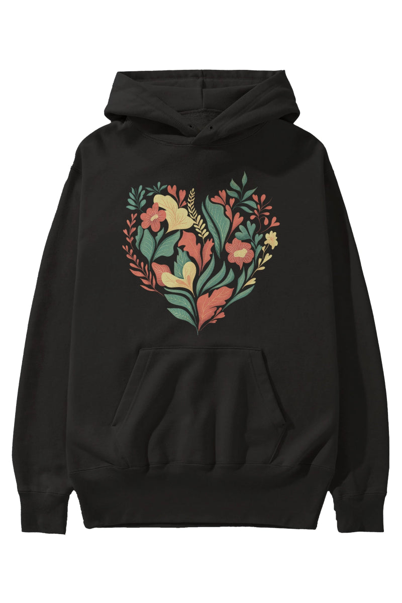 Çiçek Kalp Ön Baskılı Oversize Hoodie Kapüşonlu Sweatshirt Erkek Kadın Unisex - Cilexi