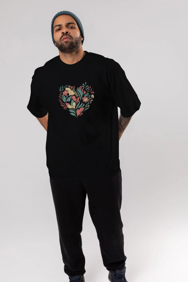 Çiçek Kalp Ön Baskılı Oversize t-shirt Erkek Kadın Unisex - Cilexi