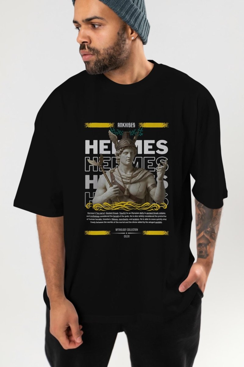 Hermes 1 ön Baskılı Oversize t-shirt Erkek Kadın %100 Pamuk Bisiklet Yaka tişort - Cilexi