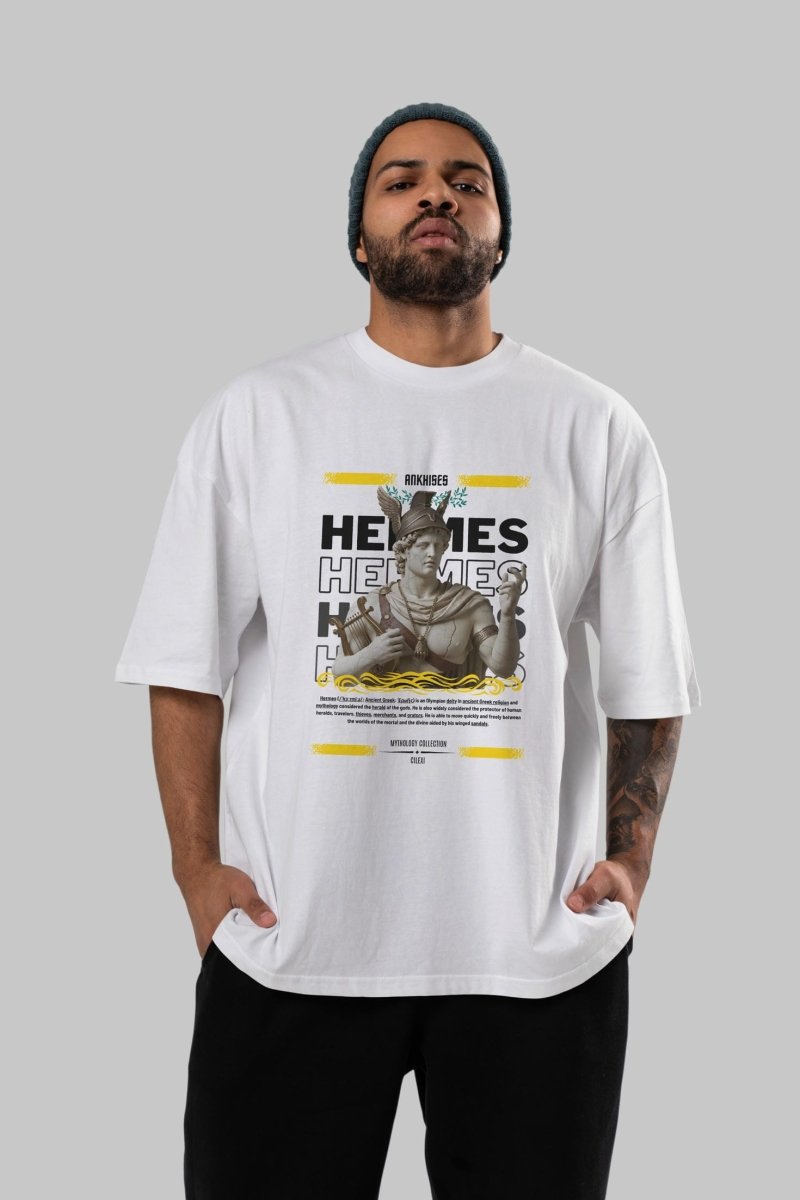 Hermes 2 ön Baskılı Oversize t-shirt Erkek Kadın %100 Pamuk Bisiklet Yaka tişort - Cilexi