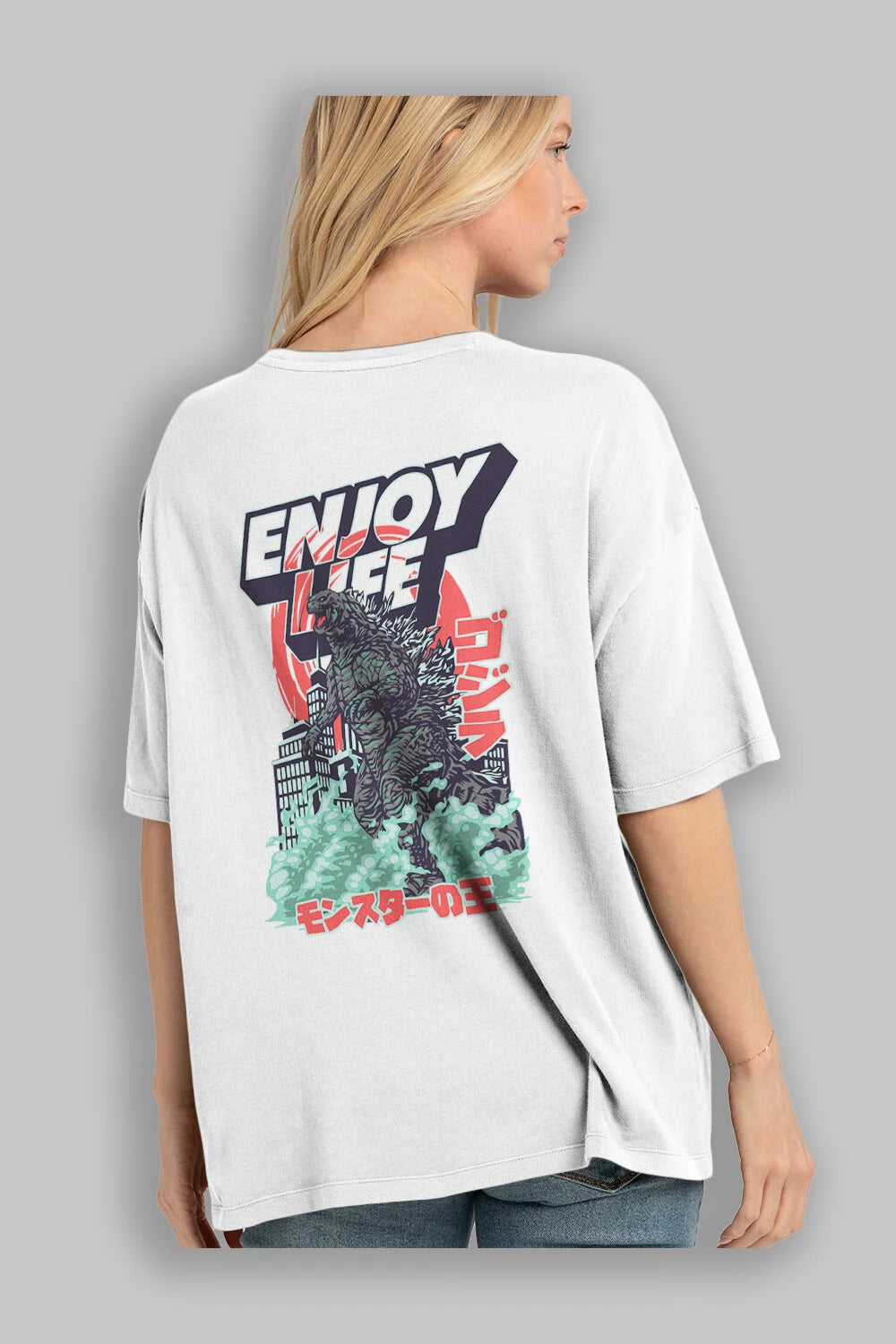 Godzilla Arka Baskılı Oversize t-shirt Erkek Kadın Unisex %100 Pamuk Bisiklet Yaka tişort