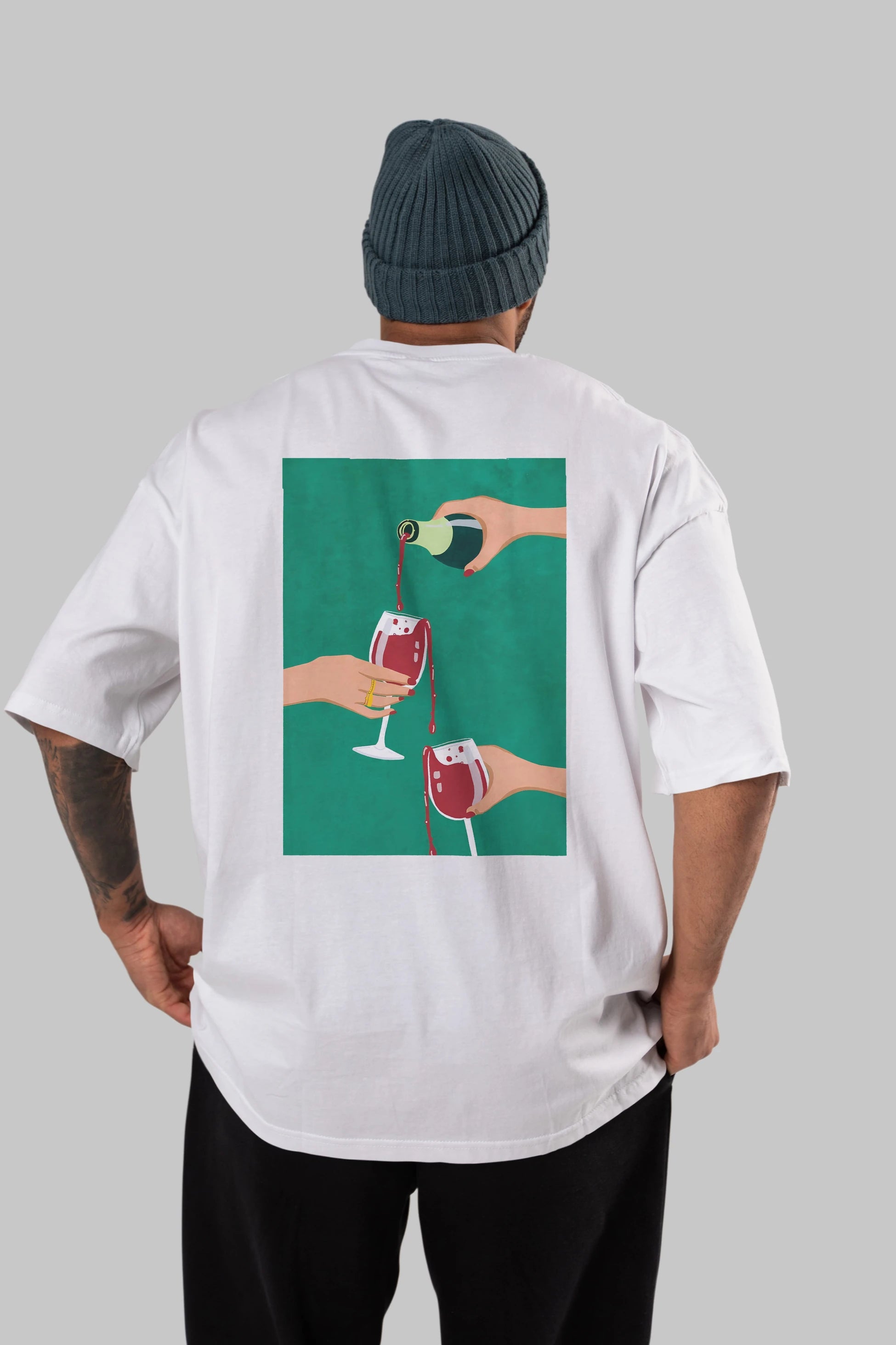 Wine 2 Arka Baskılı Oversize t-shirt Erkek Kadın Unisex %100 Pamuk Bisiklet Yaka tişort
