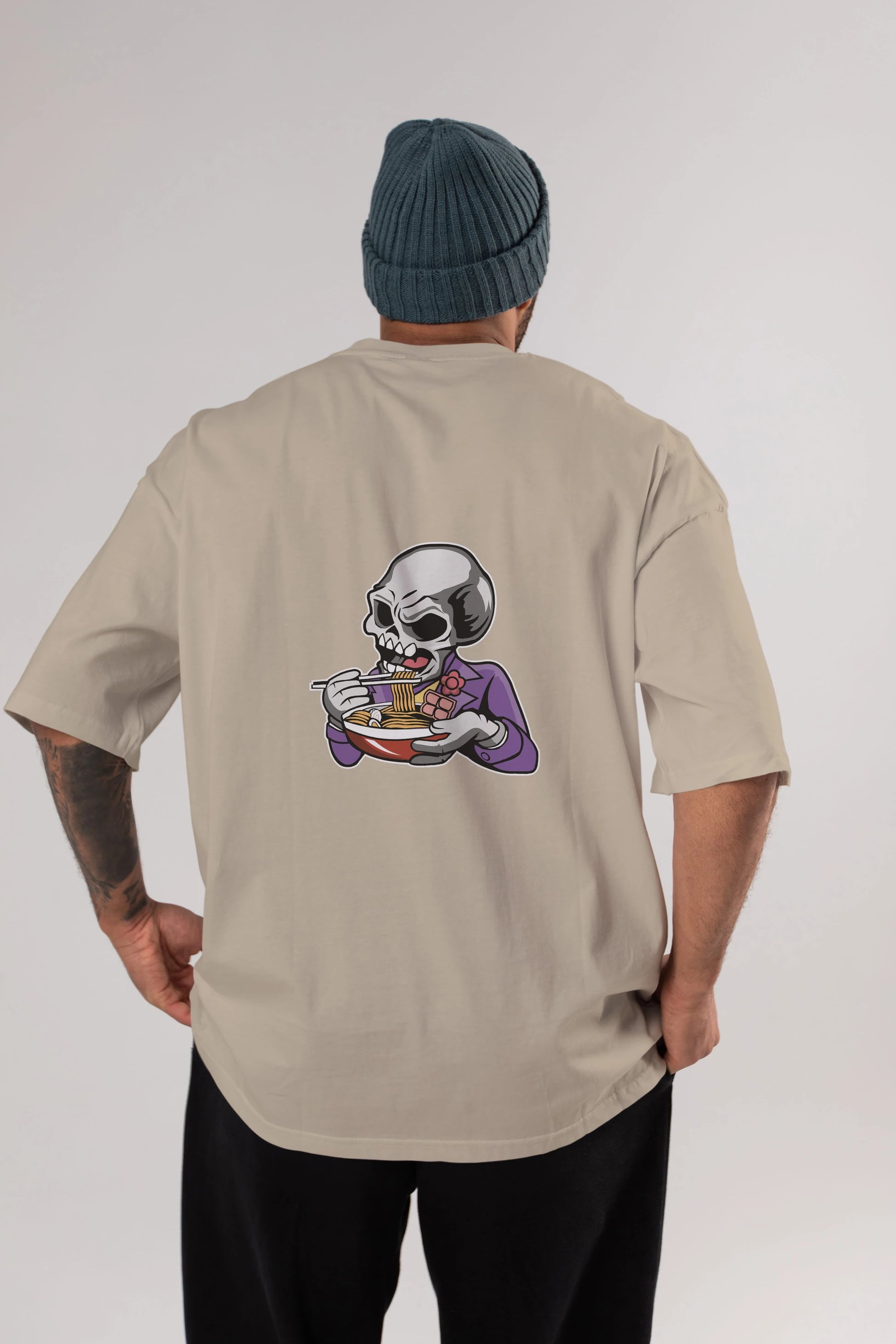 Skull Ramen Arka Baskılı Oversize t-shirt Erkek Kadın Unisex %100 Pamuk tişort