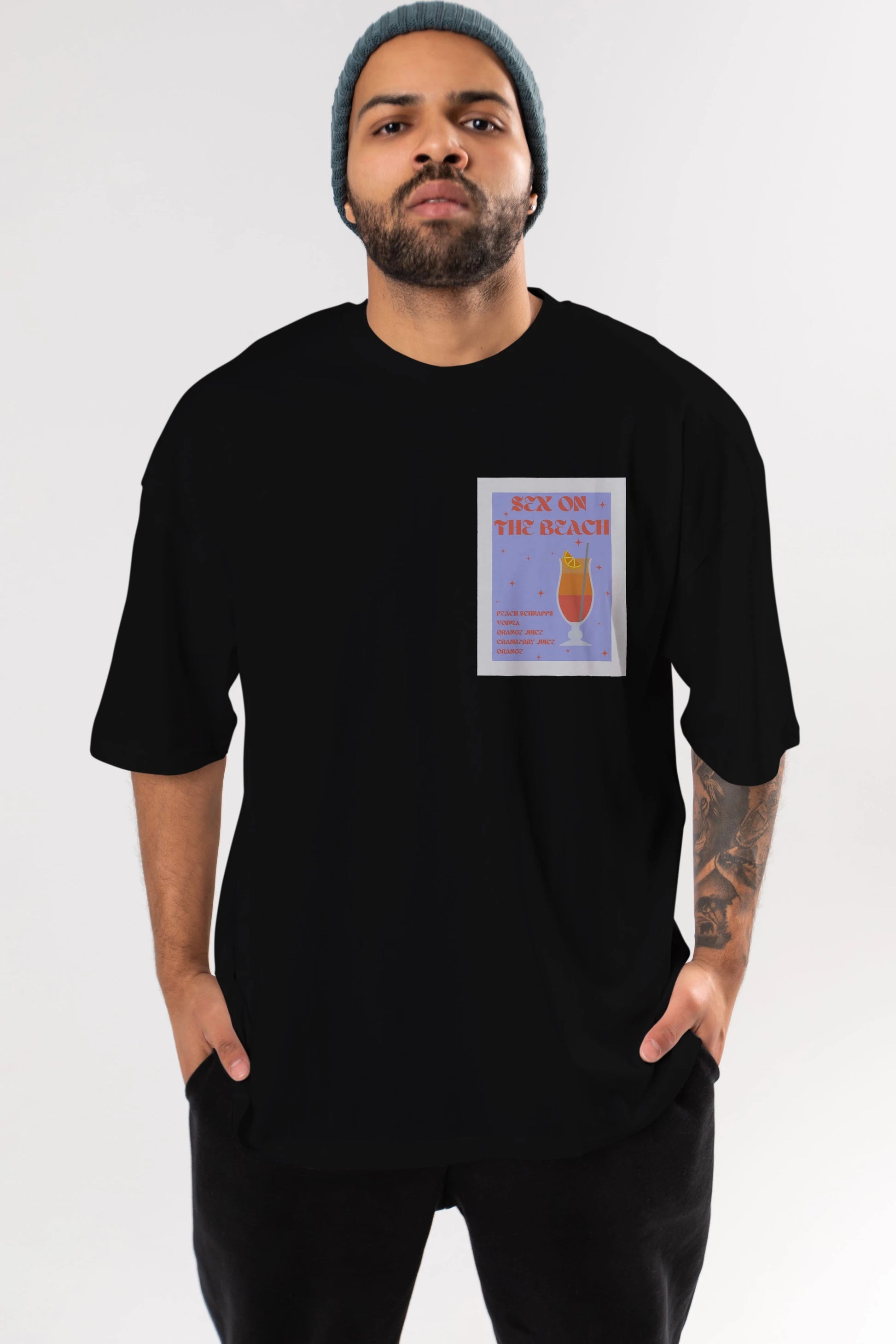 Sex On The Beach Ön Sol Baskılı Oversize t-shirt Erkek Kadın Unisex %100 Pamuk Bisiklet Yaka tişort