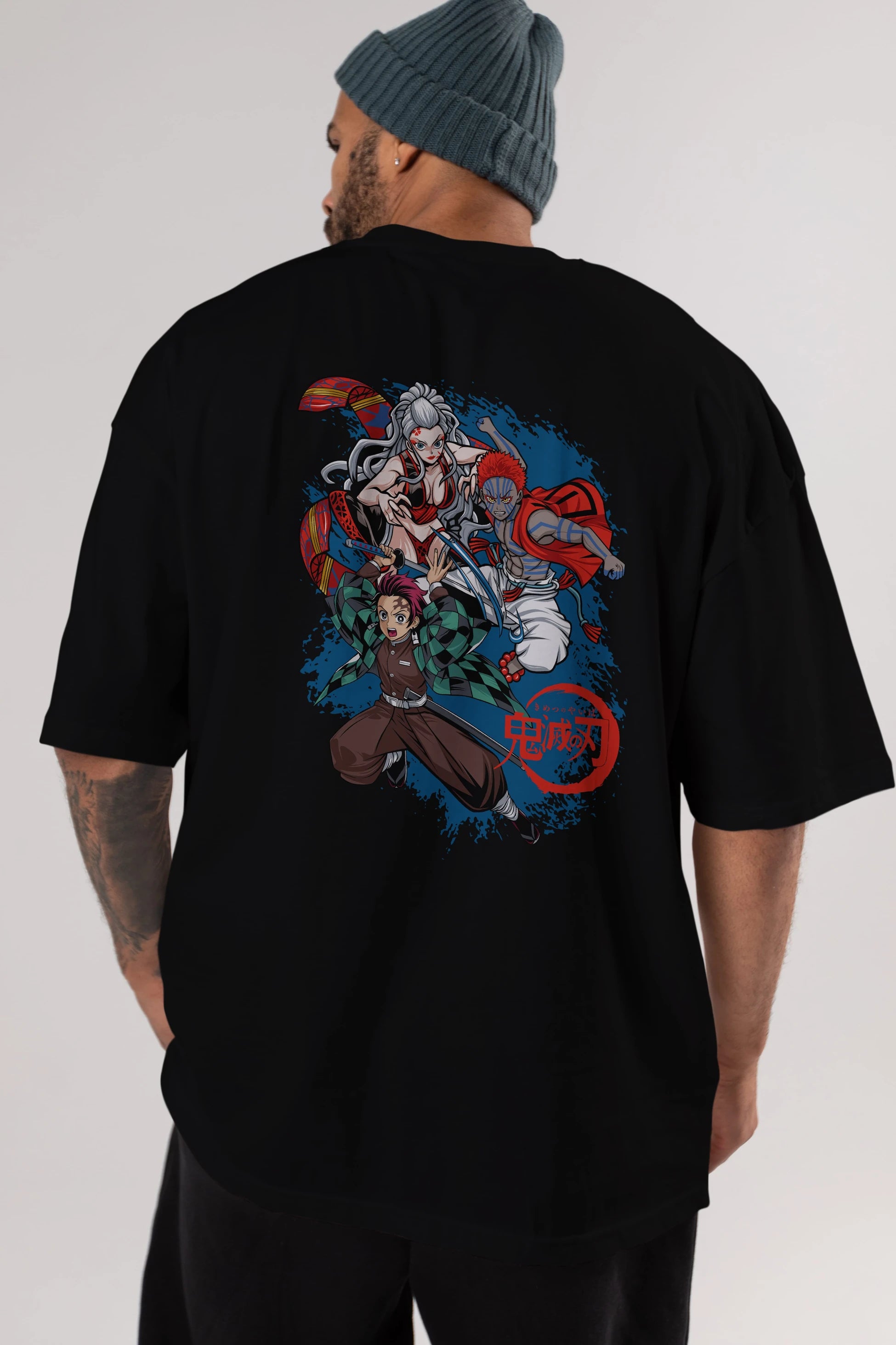 TANJIRO ,AKAZA,DAKI Anime Arka Baskılı Oversize t-shirt Erkek Kadın Unisex