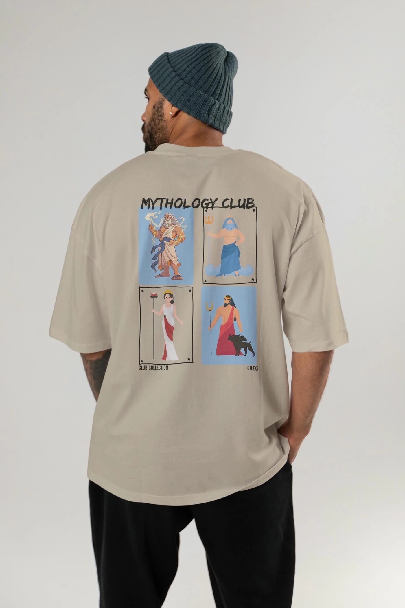Mythology Club 2 Arka Baskılı Oversize t-shirt Erkek Kadın %100 Pamuk Bisiklet Yaka tişort