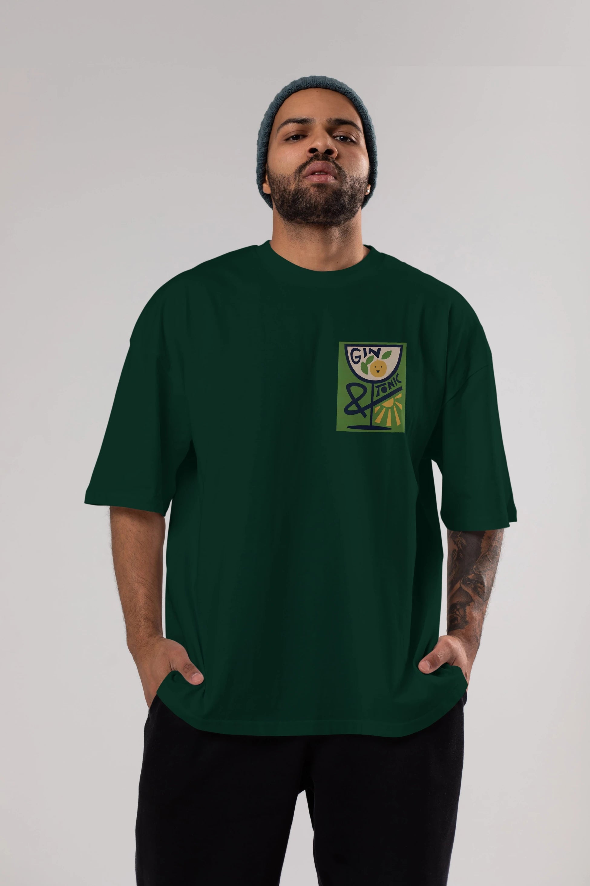 Gin Tonic 3 Ön Sol Baskılı Oversize t-shirt Erkek Kadın Unisex %100 Pamuk Bisiklet Yaka tişort