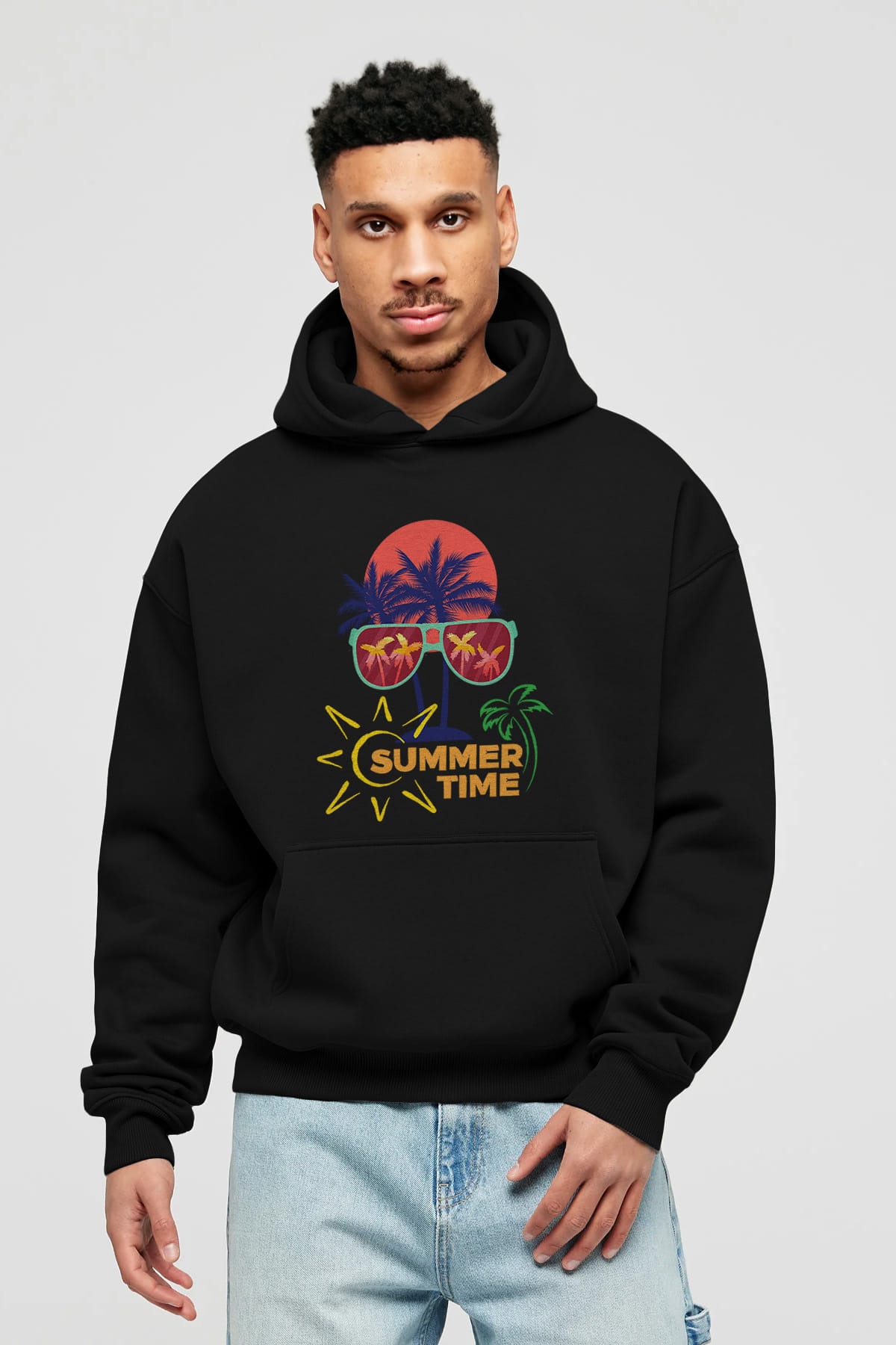 Summer Time Yazılı Ön Baskılı Oversize Hoodie Kapüşonlu Sweatshirt Erkek Kadın Unisex