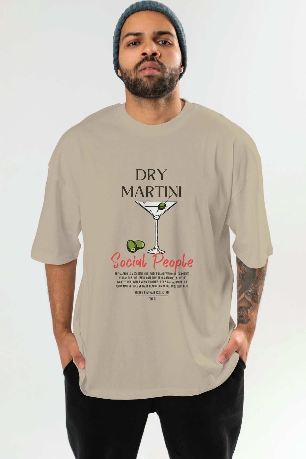 Dry Martını Kokteyl Serisi ön Baskılı Oversize t-shirt Erkek Kadın %100 Pamuk Bisiklet Yaka tişort