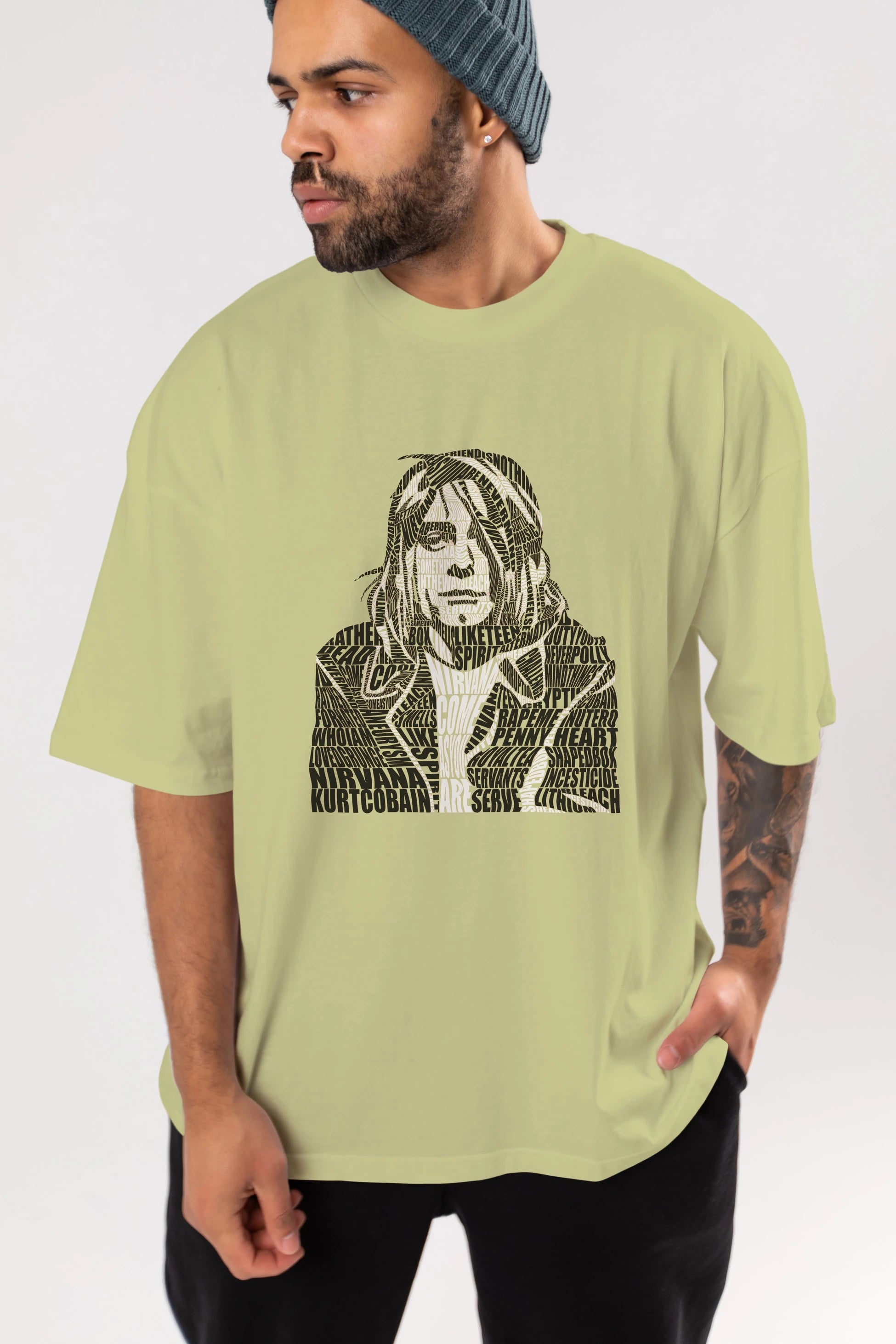 Kurt Cobain Calligram Ön Baskılı Oversize t-shirt %100 pamuk Erkek Kadın Unisex