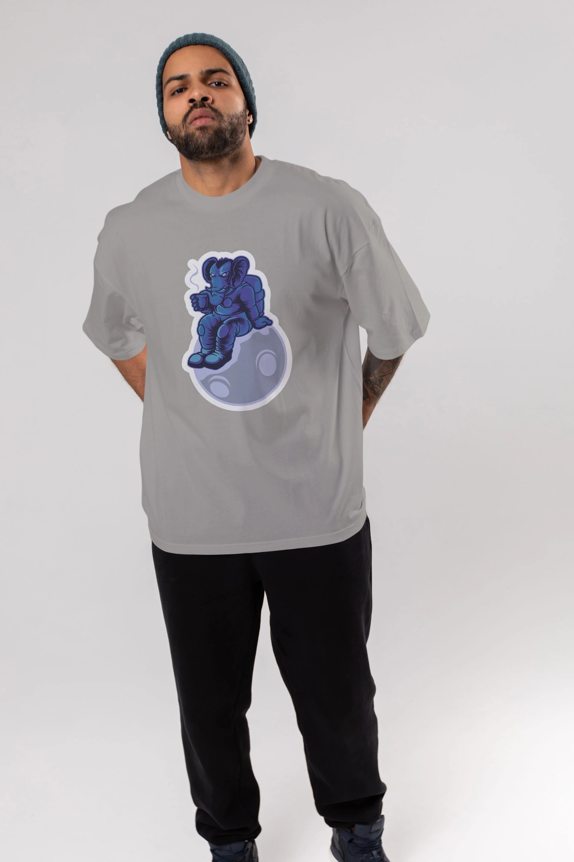 Space Elephant Drink Coffee Sticker Ön Baskılı Oversize t-shirt Erkek Kadın Unisex