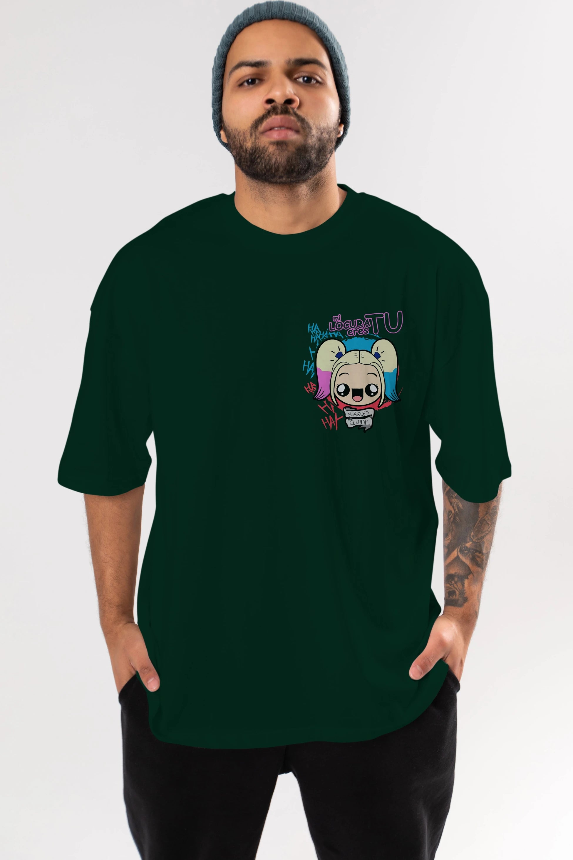 Harley Quinn Ön Sol Baskılı Oversize t-shirt Erkek Kadın Unisex %100 Pamuk Bisiklet Yaka tişort