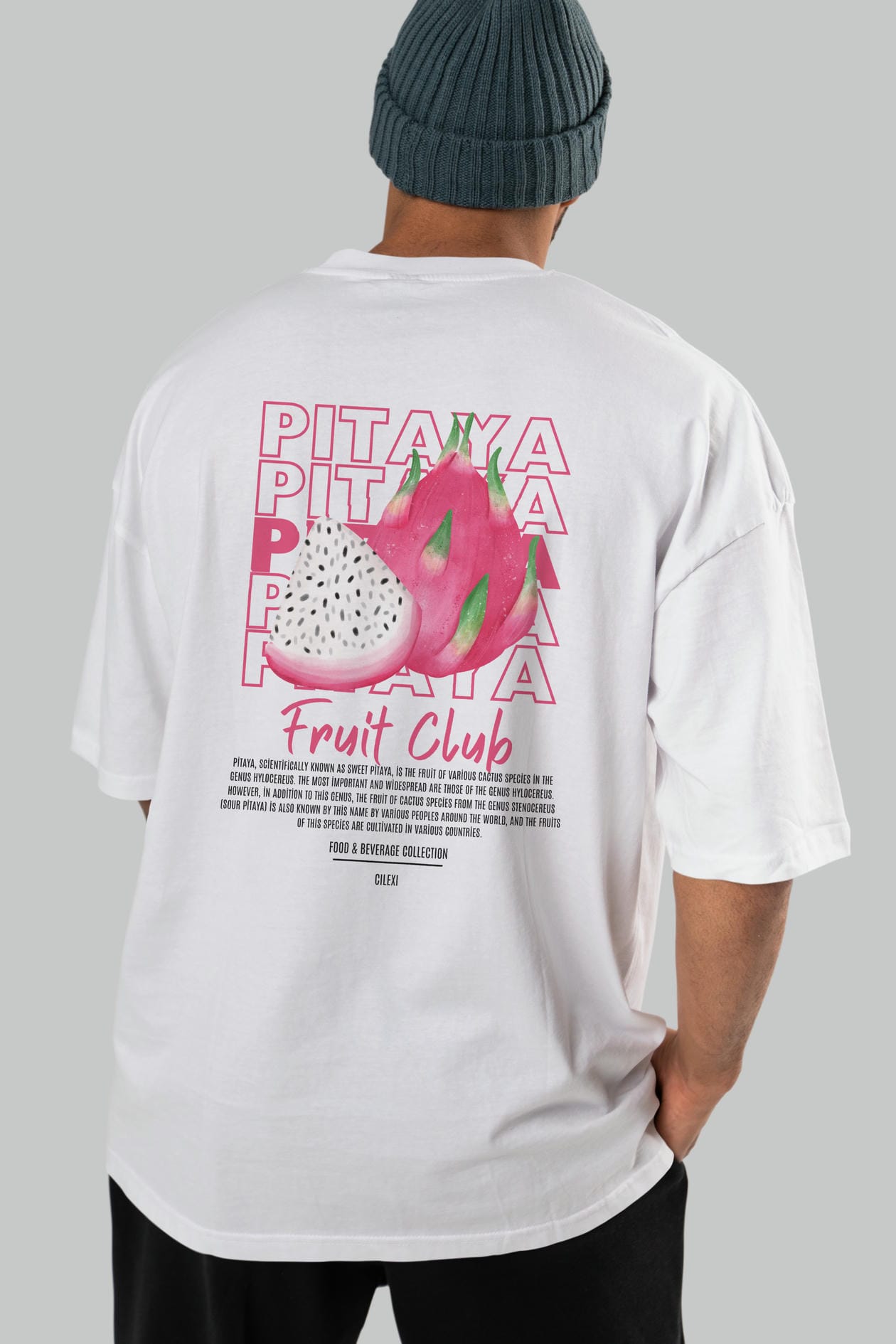 Pitaya Arka Baskılı Oversize t-shirt Erkek Kadın Pamuk Bisiklet Yaka tişort