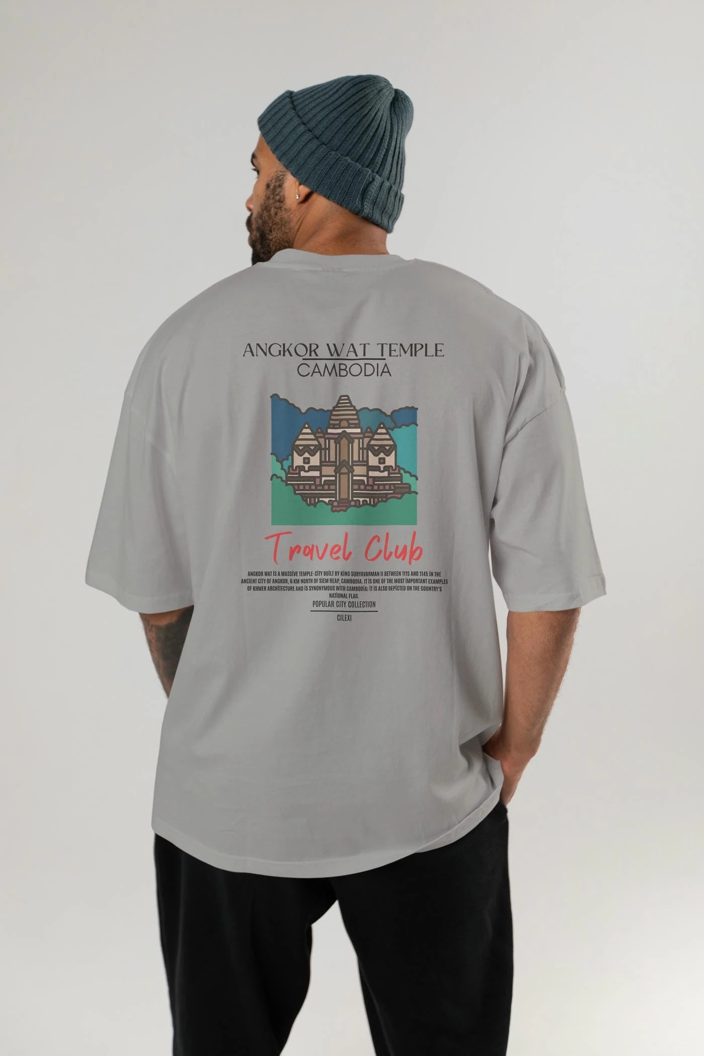 Angkor Wat Temple Cambodia Arka Baskılı Oversize t-shirt Erkek Kadın Pamuk Bisiklet Yaka tişort