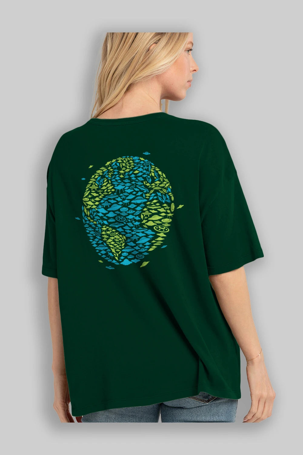 UFO Invasion Arka Baskılı Oversize t-shirt %100 pamuk Erkek Kadın Unisex