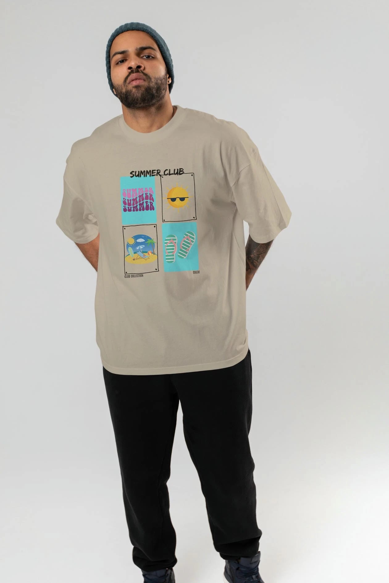 Summer Club ön Baskılı Oversize t-shirt Erkek Kadın %100 Pamuk Bisiklet Yaka tişort