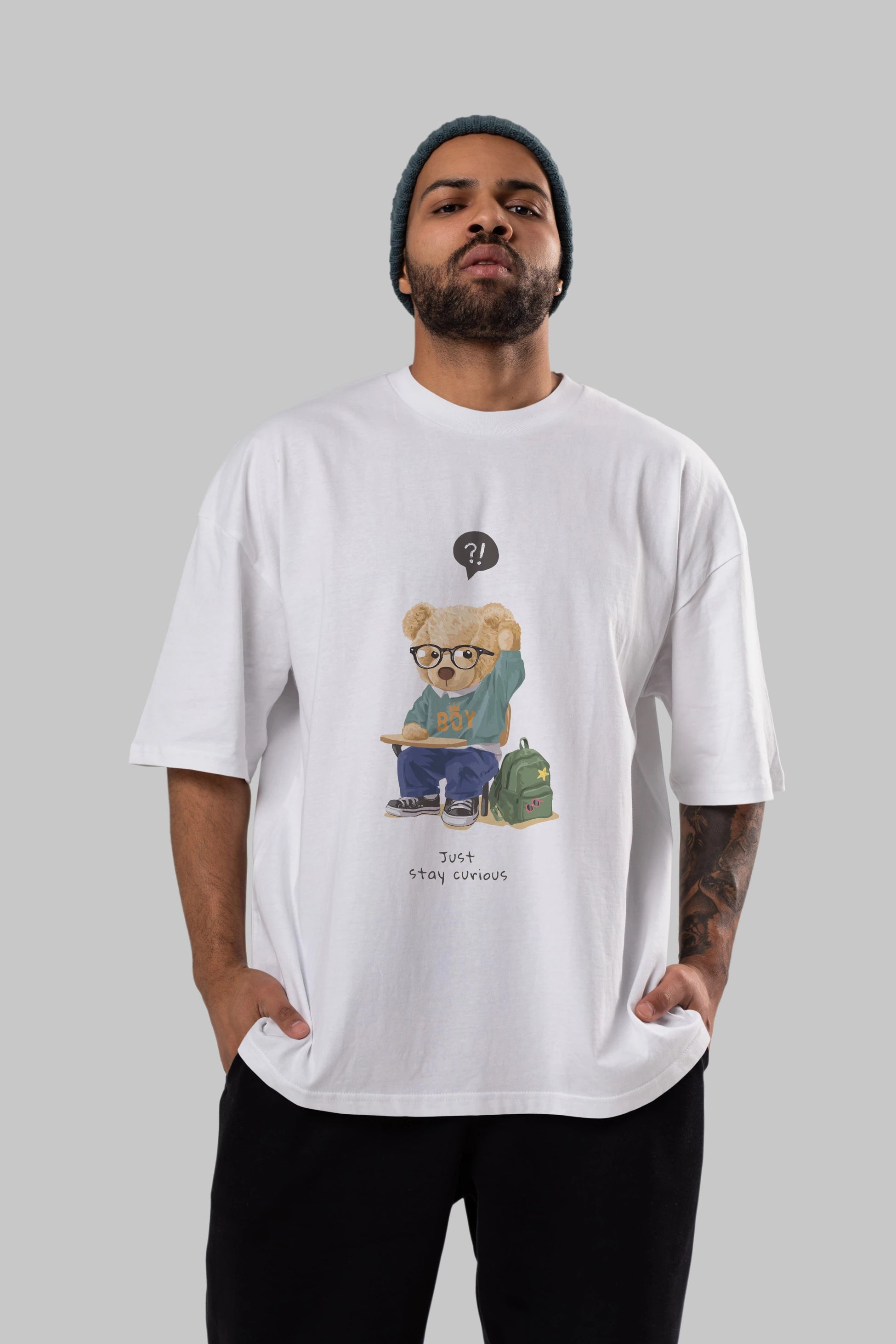 Teddy Bear Just Stay Curious Ön Baskılı Oversize t-shirt Erkek Kadın Unisex %100 Pamuk