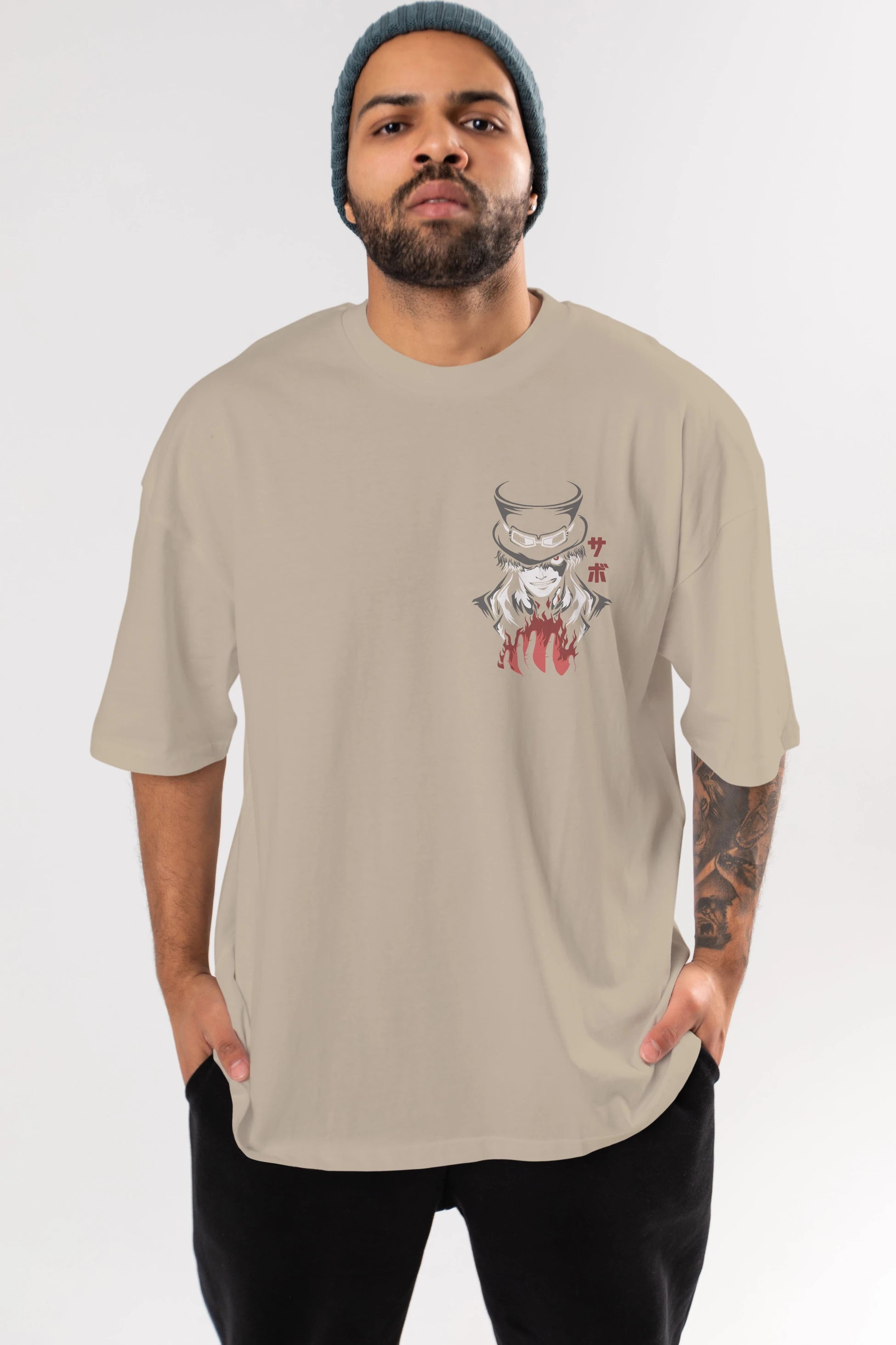 SaboOnePiece Ön Sol Baskılı Oversize t-shirt Erkek Kadın Unisex %100 Pamuk Bisiklet Yaka tişort