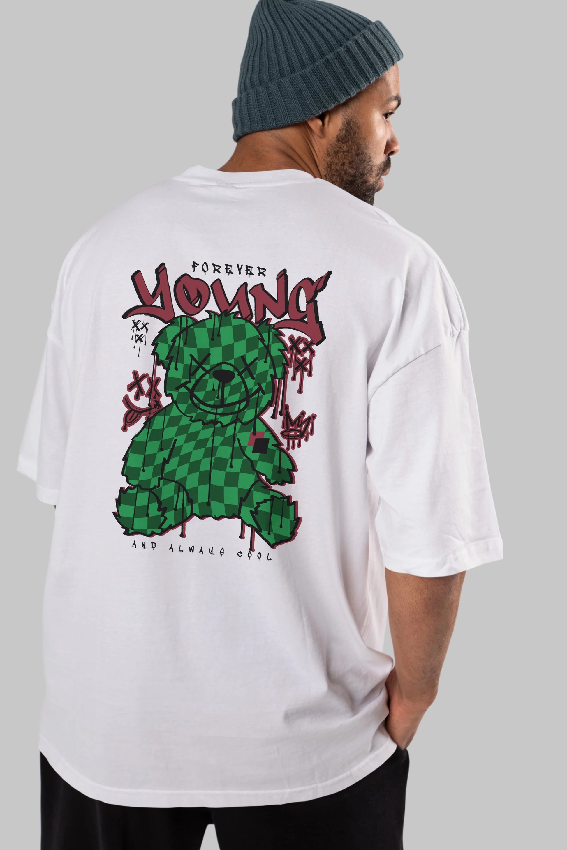 Young and Always Cool Bear Arka Baskılı Oversize t-shirt Erkek Kadın Unisex