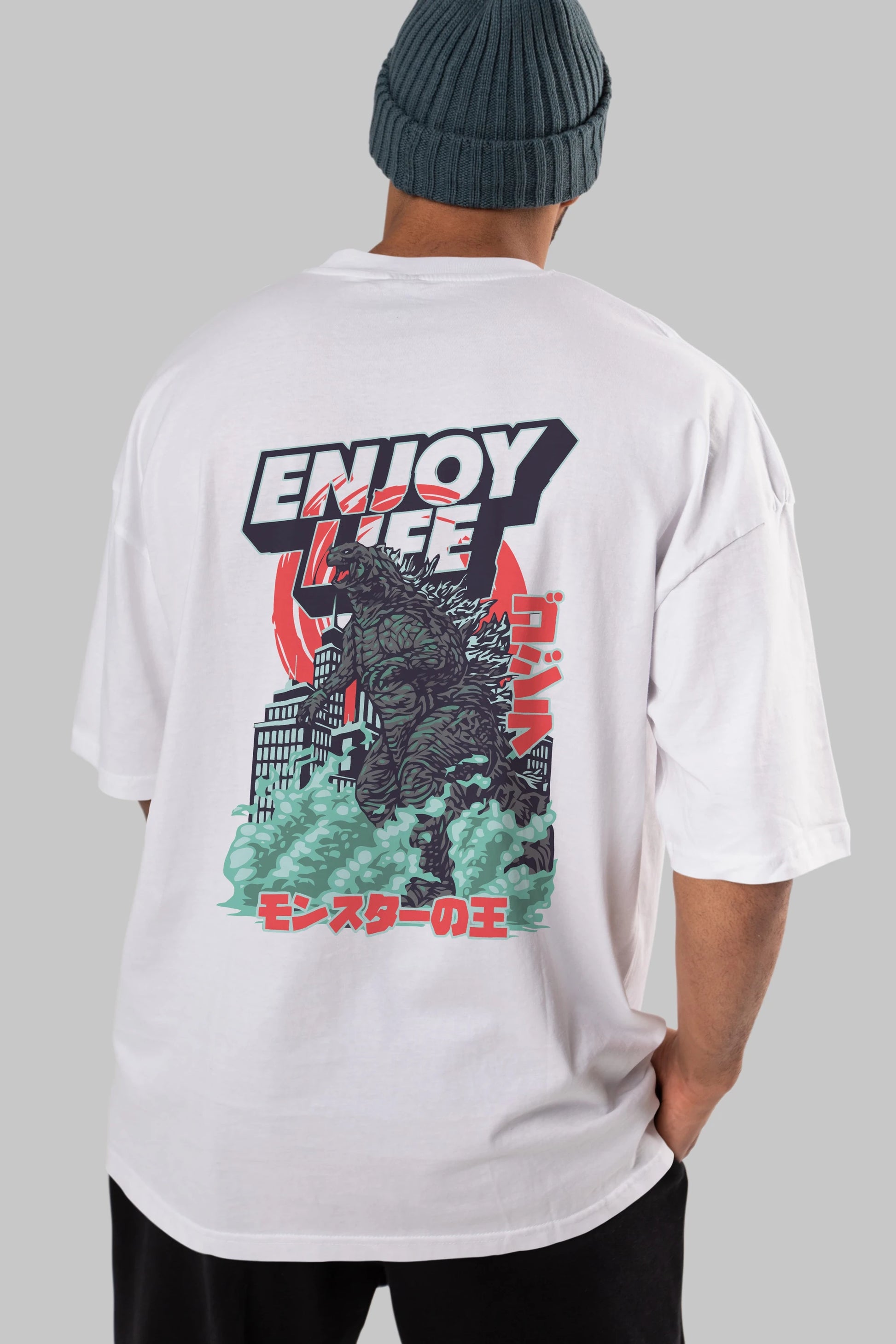 Godzilla Arka Baskılı Oversize t-shirt Erkek Kadın Unisex %100 Pamuk Bisiklet Yaka tişort
