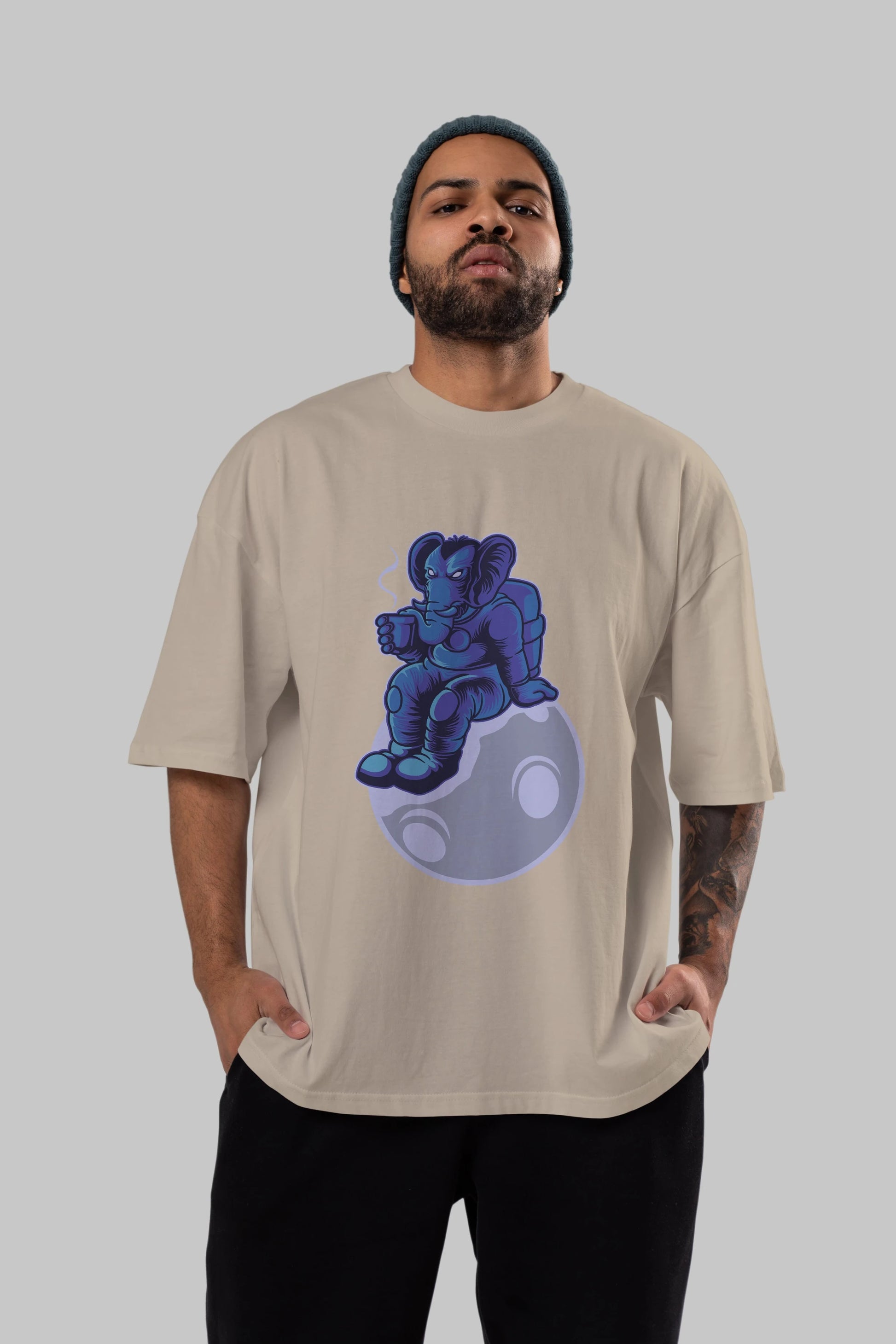 Space Elephant Drink Coffee Ön Baskılı Oversize t-shirt Erkek Kadın Unisex
